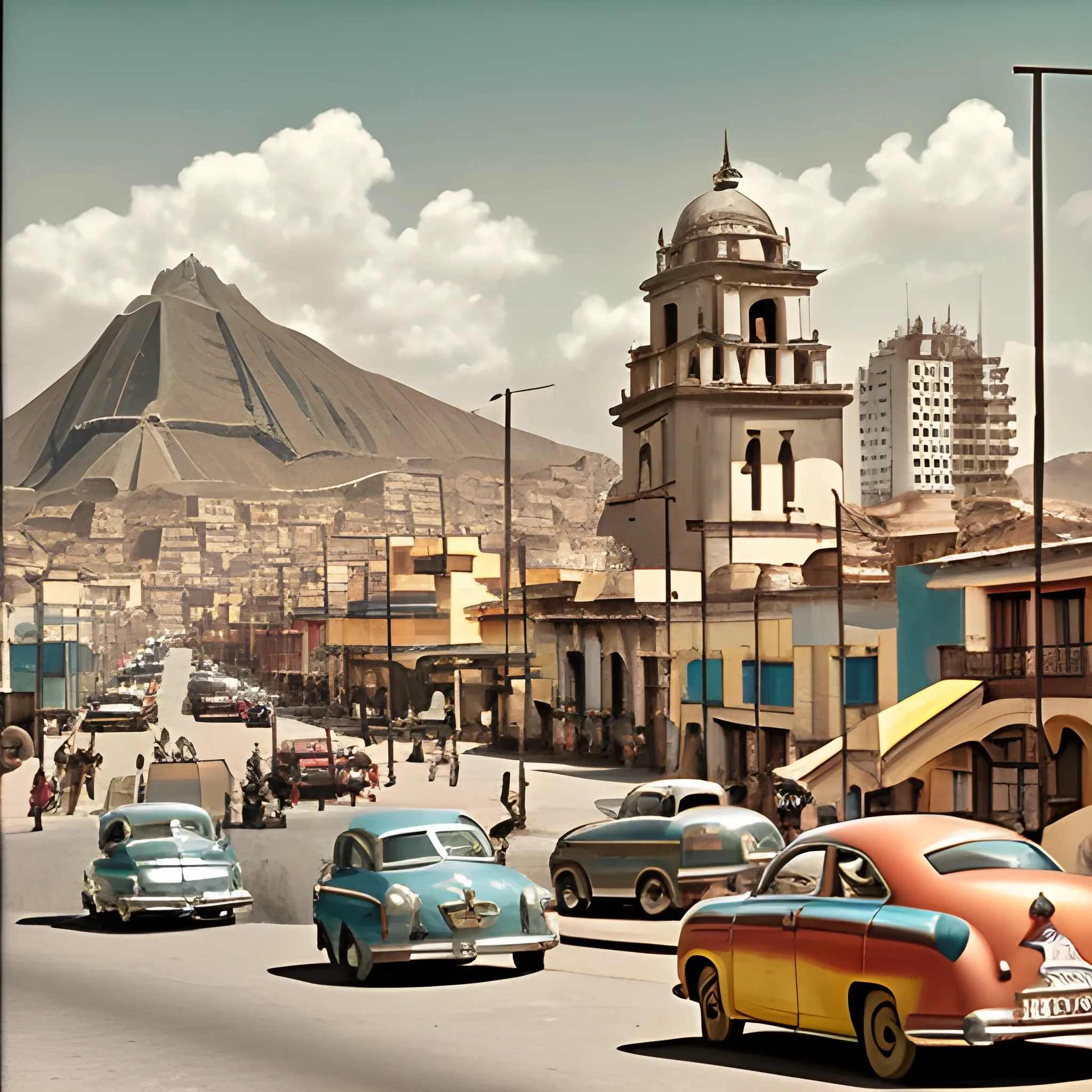 1950s peruvian city with architecture spanish . muted colors