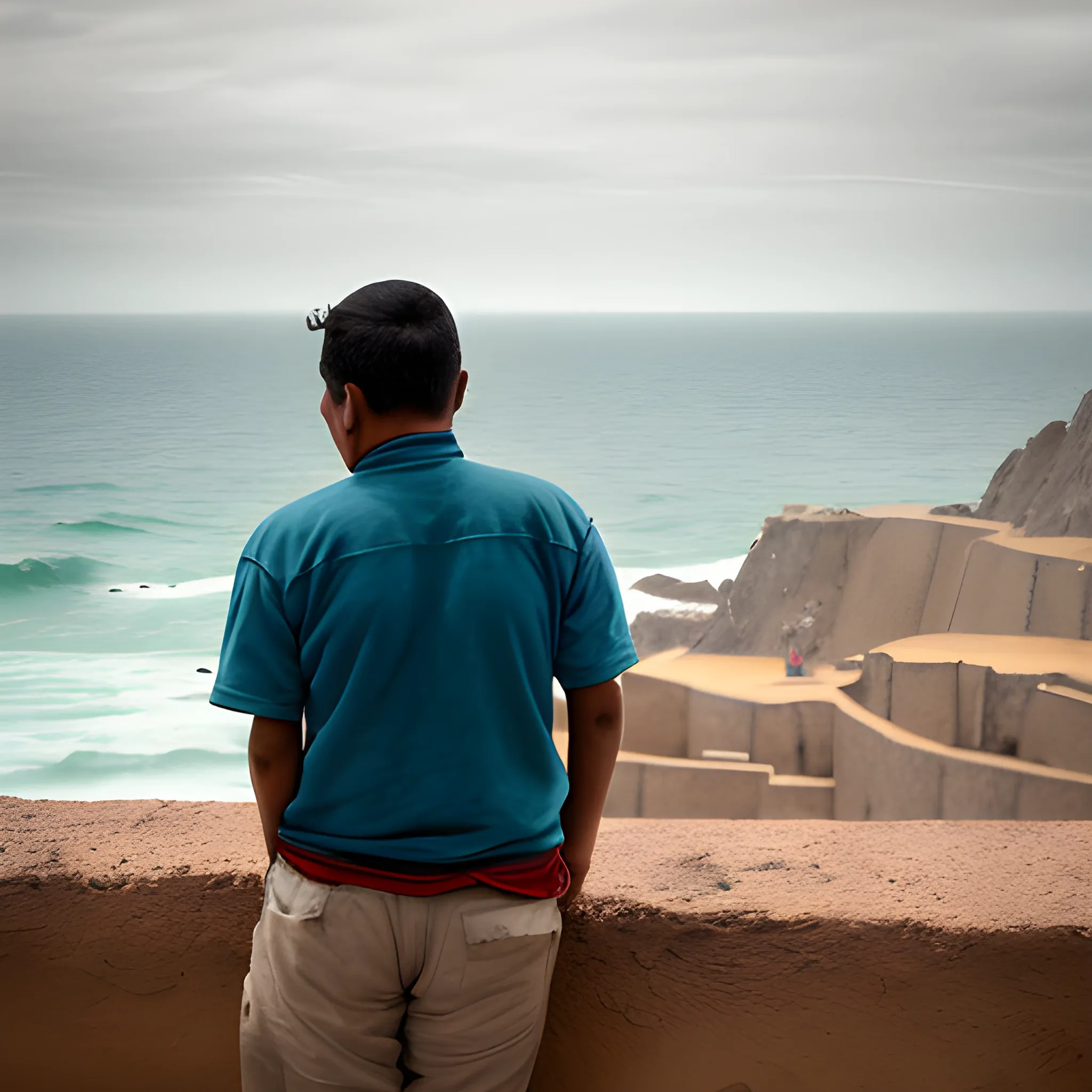 Hombre peruano mirando al horizonte y tiene una boina en la cabeza, muted colors, photographed