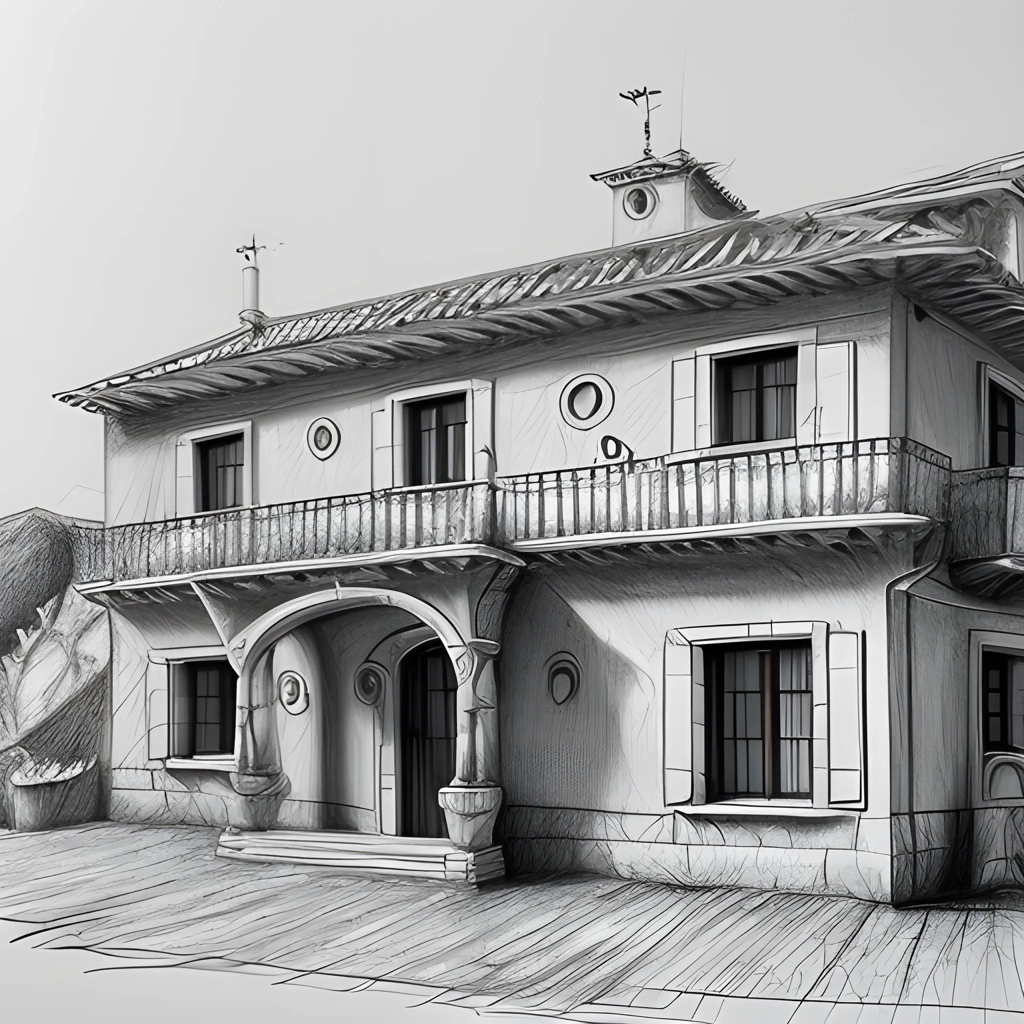 Spanish house, hd, 4k, profesional, epic composition, , Pencil Sketch, Pencil Sketch