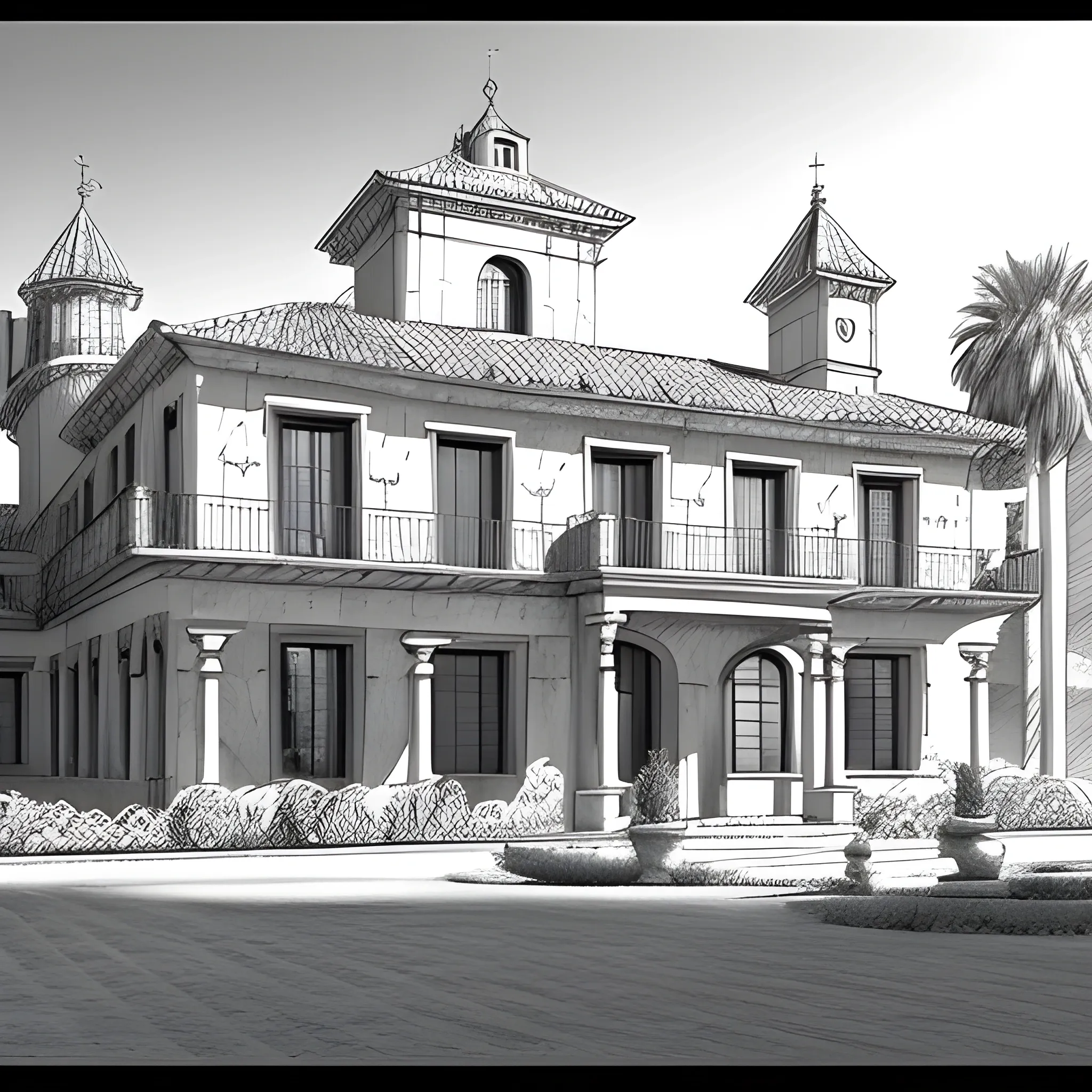 large Spanish house, hd, 4k, profesional, epic composition, , Pencil Sketch, Pencil Sketch