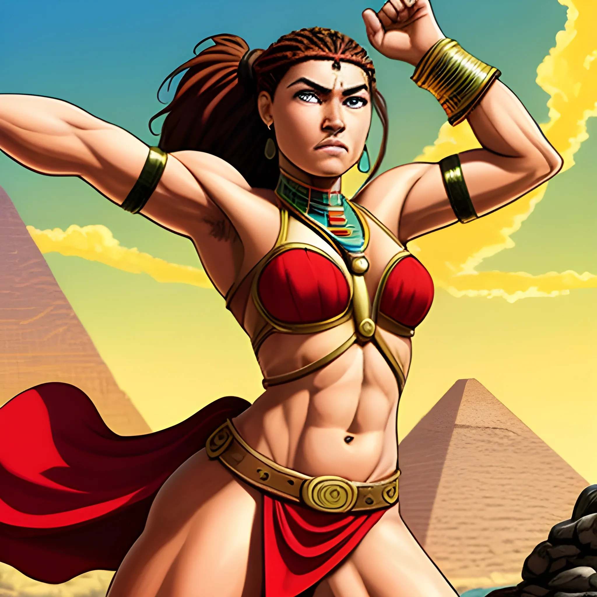 Asceneabout30-year-oldancientEgyptianstrongwarriorwomanwithreddish-brownhair,withbraid-ponytail,whostandsontopofamountainshootingdownwardwihtherbowagainst90EgyptianwarriorswhocomewalkingacrossaplaintowardstheEgyptianwarriorwoman.Inanewcomicstyleblendsstylesofthebestgreatmasterswithcleanlines,fullcolor,andadarkgoldentone. , Cartoon