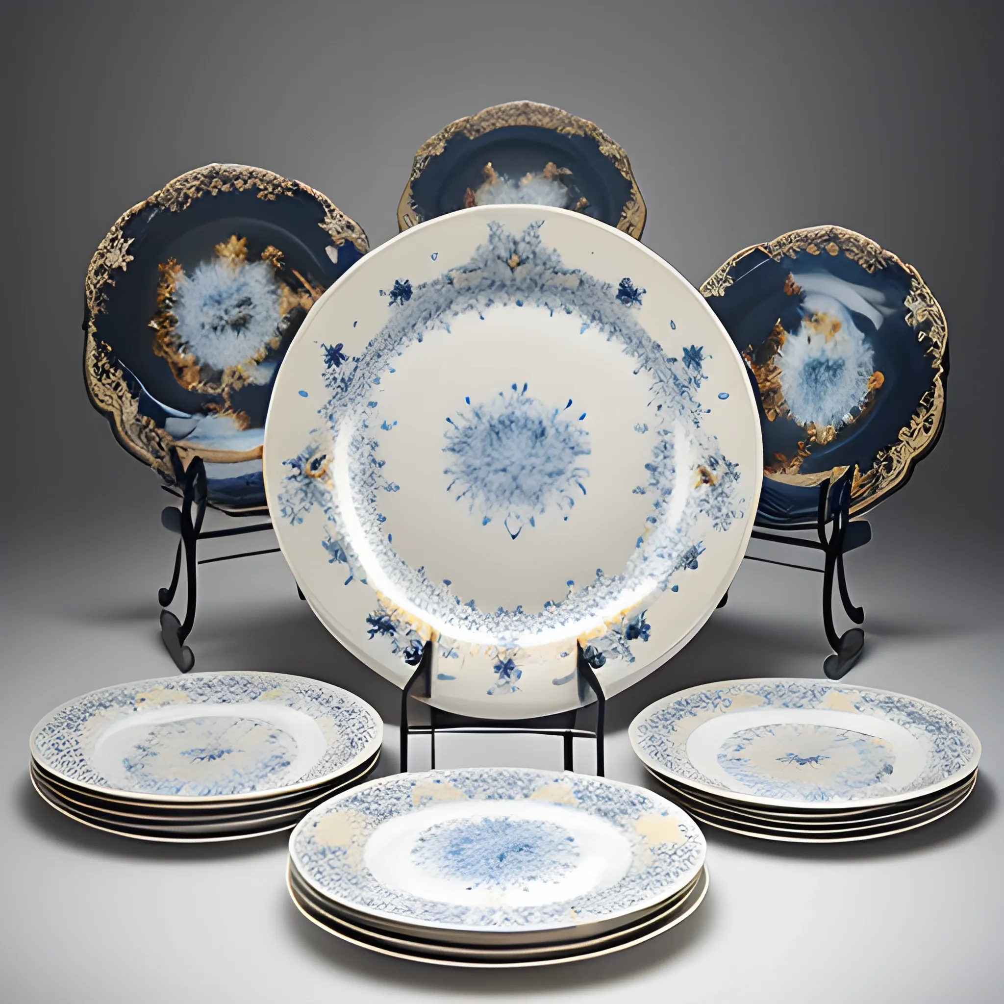 several porcelain plates burst by an explosion, photograph