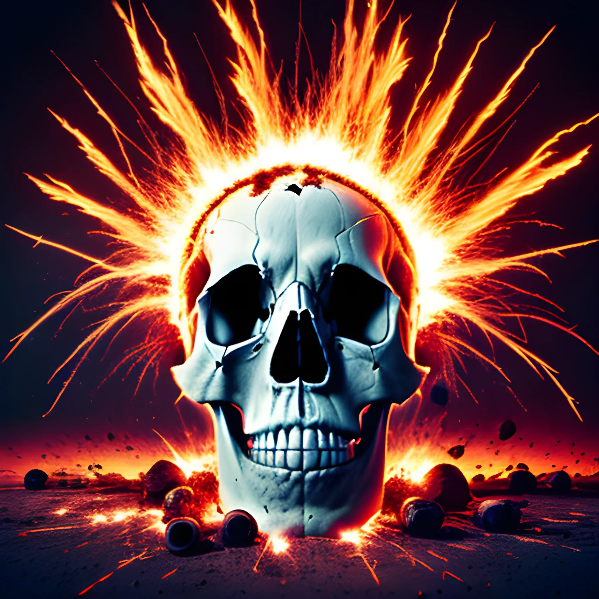 skull burst by an explosion, photograph