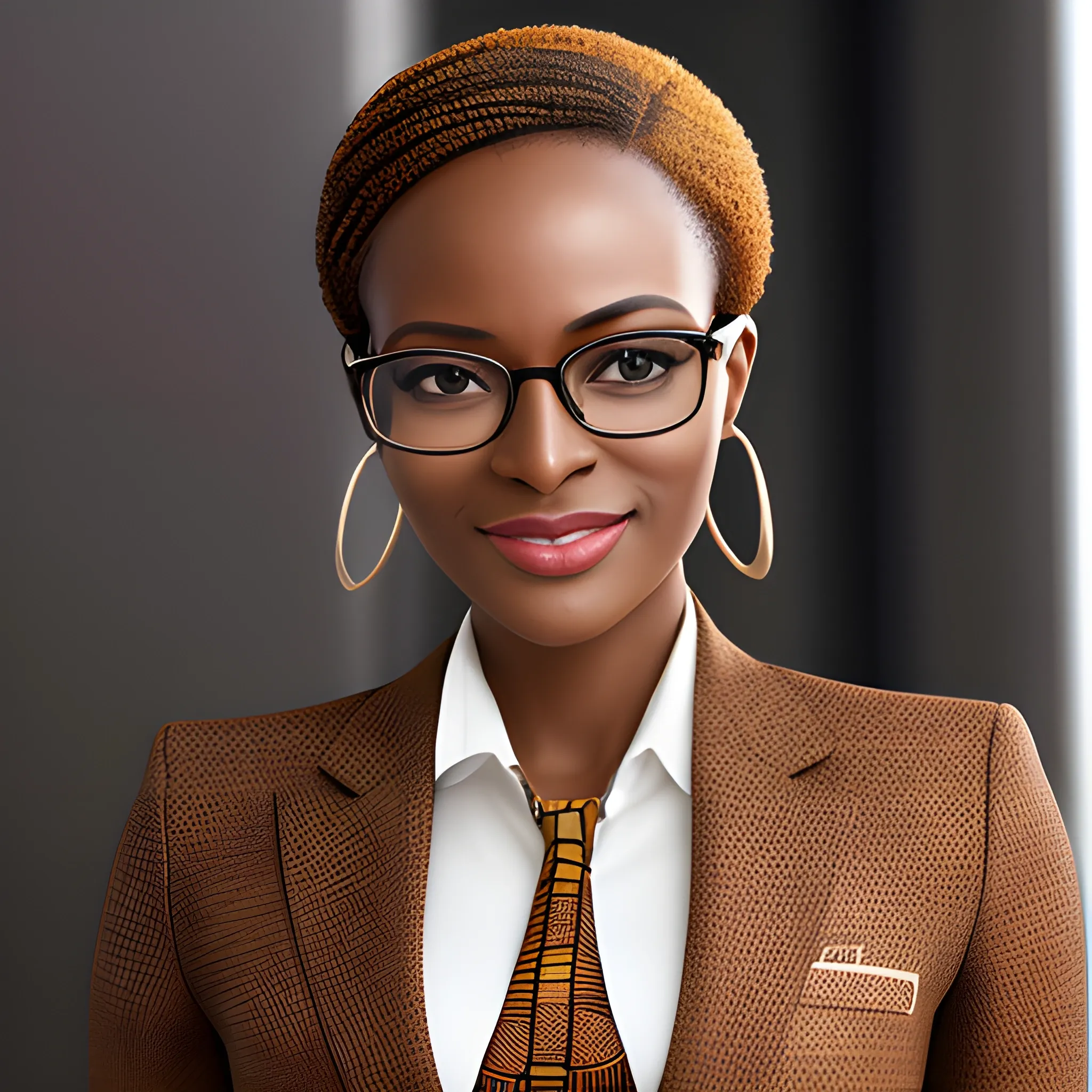 A stylish, futuristic African office model in a designer brown suit and glasses, captured with the precise clarity of a high-resolution photograph. The composition highlights her confident, happy expression, with subtle warm lighting enhancing the rich tones of her skin. --s 150 --ar 1:1 --c 3