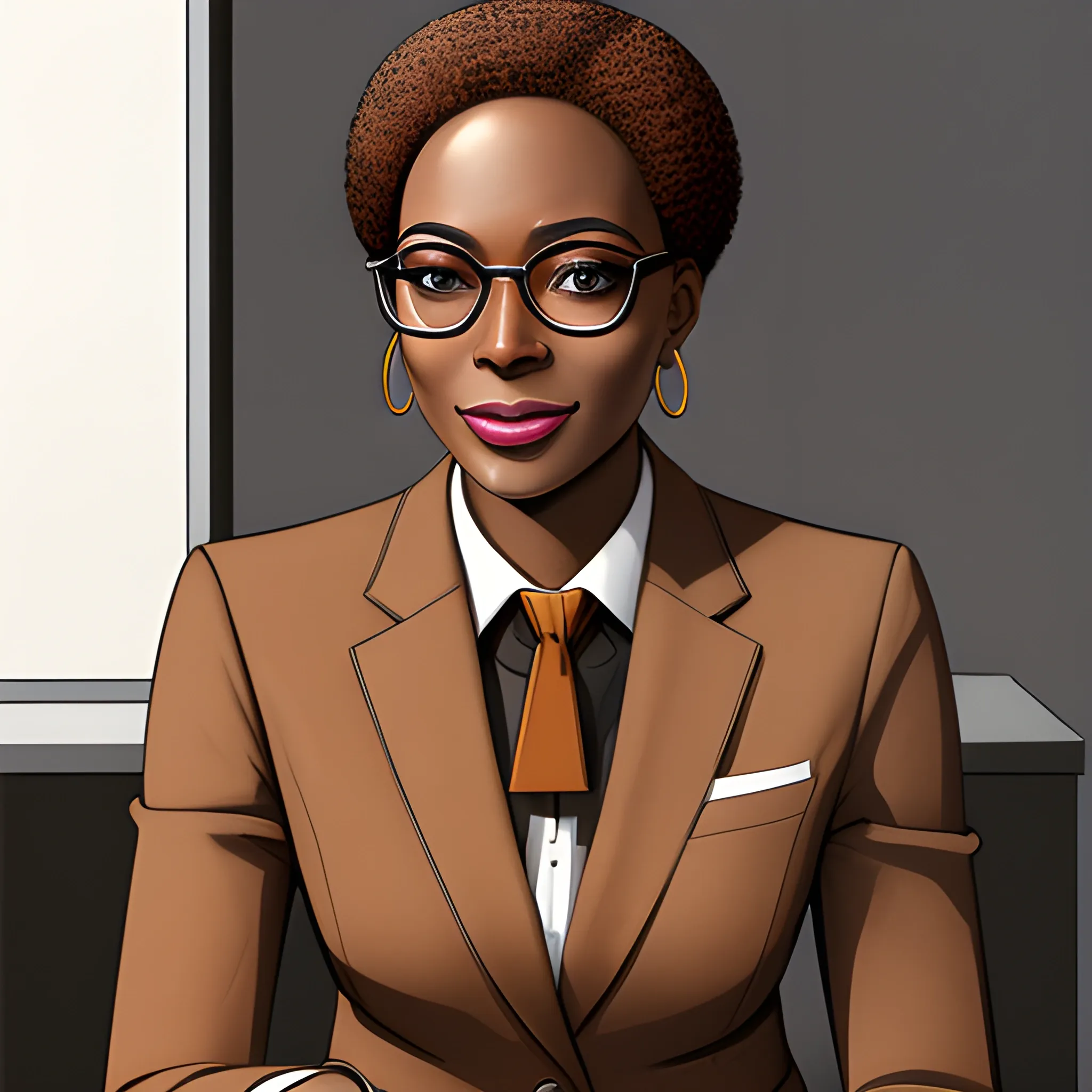 A stylish, futuristic African office model in a designer brown suit and glasses, captured with the precise clarity of a high-resolution photograph. The composition highlights her confident, happy expression, with subtle warm lighting enhancing the rich tones of her skin. --s 150 --ar 1:1 --c 3, Pencil Sketch