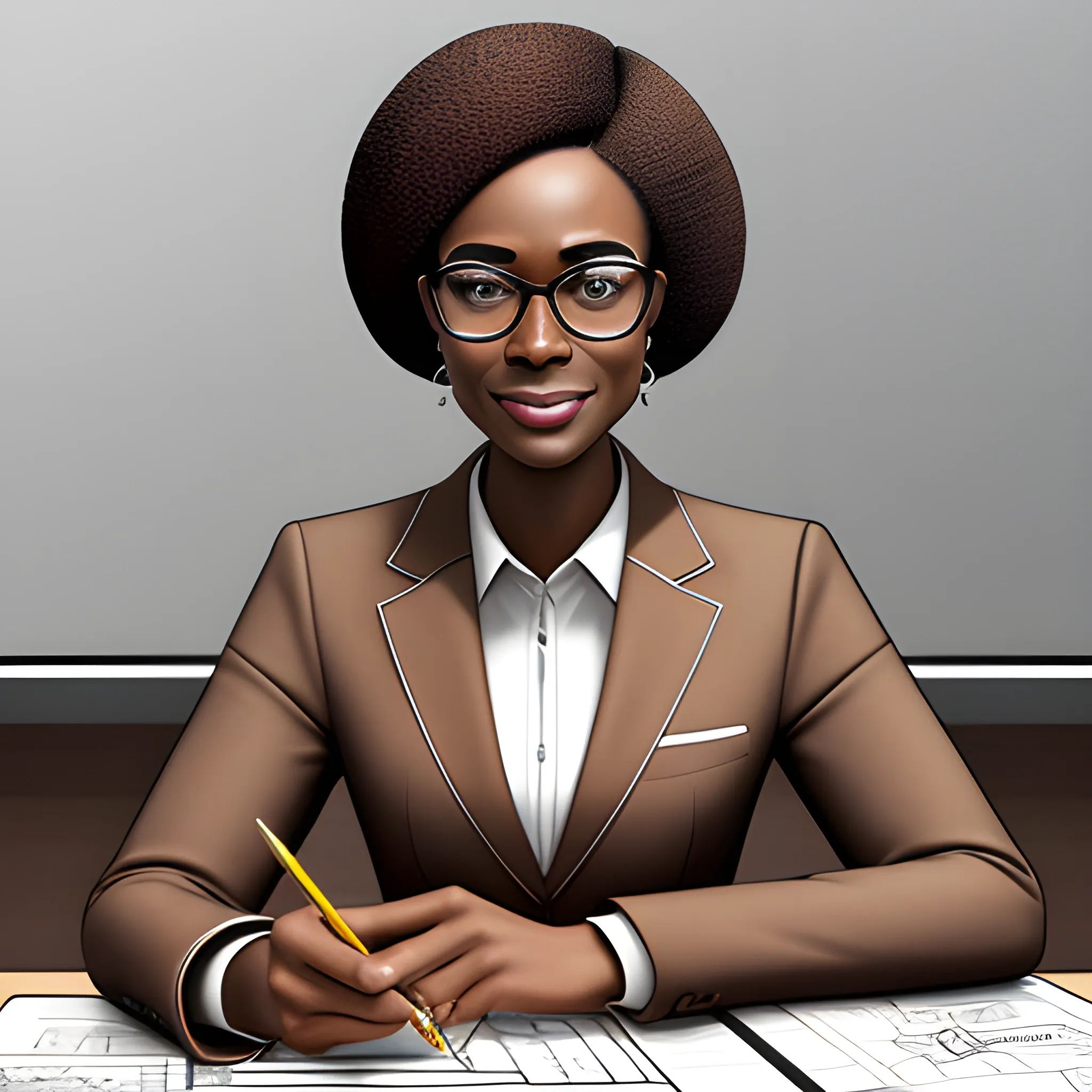 A stylish, futuristic African office model in a designer brown suit and glasses, captured with the precise clarity of a high-resolution photograph. The composition highlights her confident, happy expression, with subtle warm lighting enhancing the rich tones of her skin. --s 150 --ar 1:1 --c 3, Pencil Sketch, Cartoon