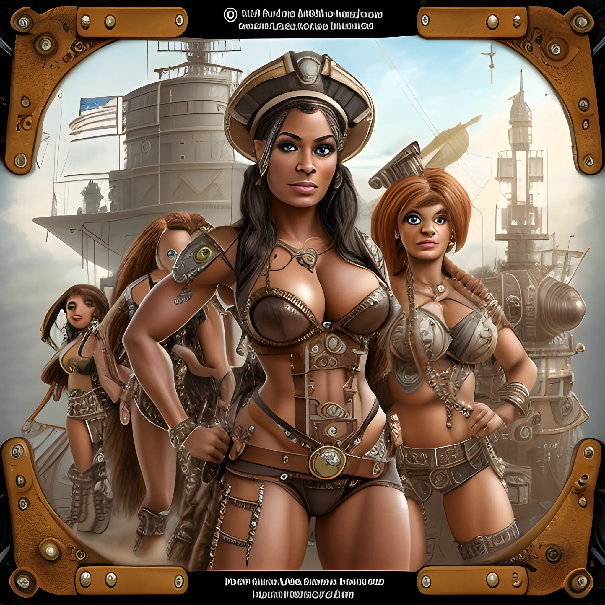 sexual muscle mommy, brown skin, elf barbarian, steam punk captain, with a crew of patch work dolls, on an airship, realistic ultra-detailed, eye-catching detail, realistic ultra-detailed, Pencil Sketch, 