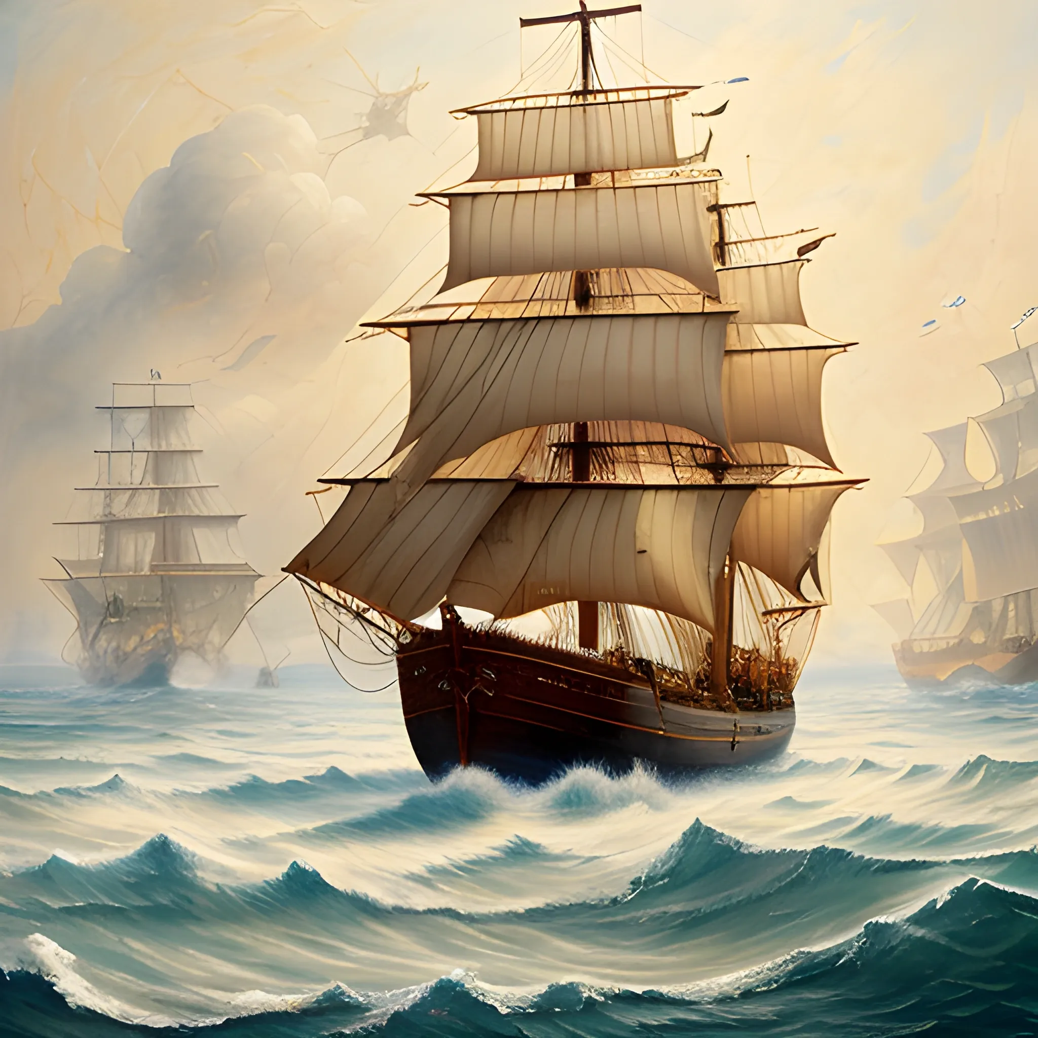 A pirate ship sailing away in a wavy sea, thick burlap sails blown with the wind, large ship, full side view of the ship, view from the starboard side of the ship, Wonderful painting, Akihito Yoshida oil painting style, highly detailed,, Oil Painting