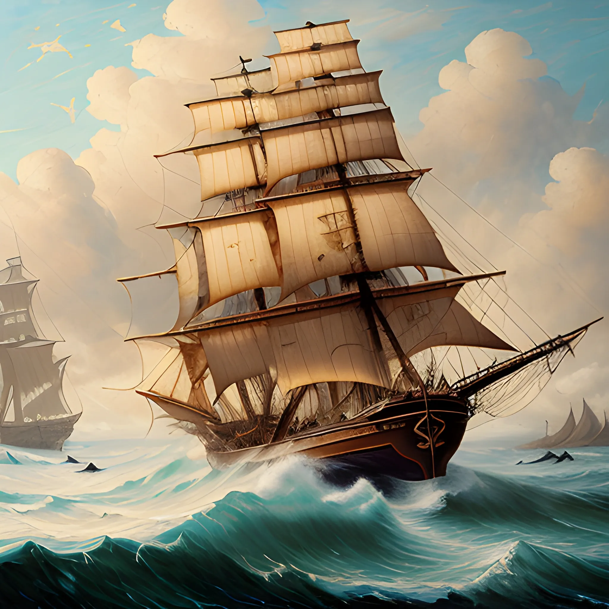 The back starboard of a pirate ship sailing away in a wavy sea, thick burlap sails blown with the wind, large ship, full side view of the ship, view from the starboard side of the ship, Wonderful painting, Akihito Yoshida oil painting style, highly detailed,, Oil Painting