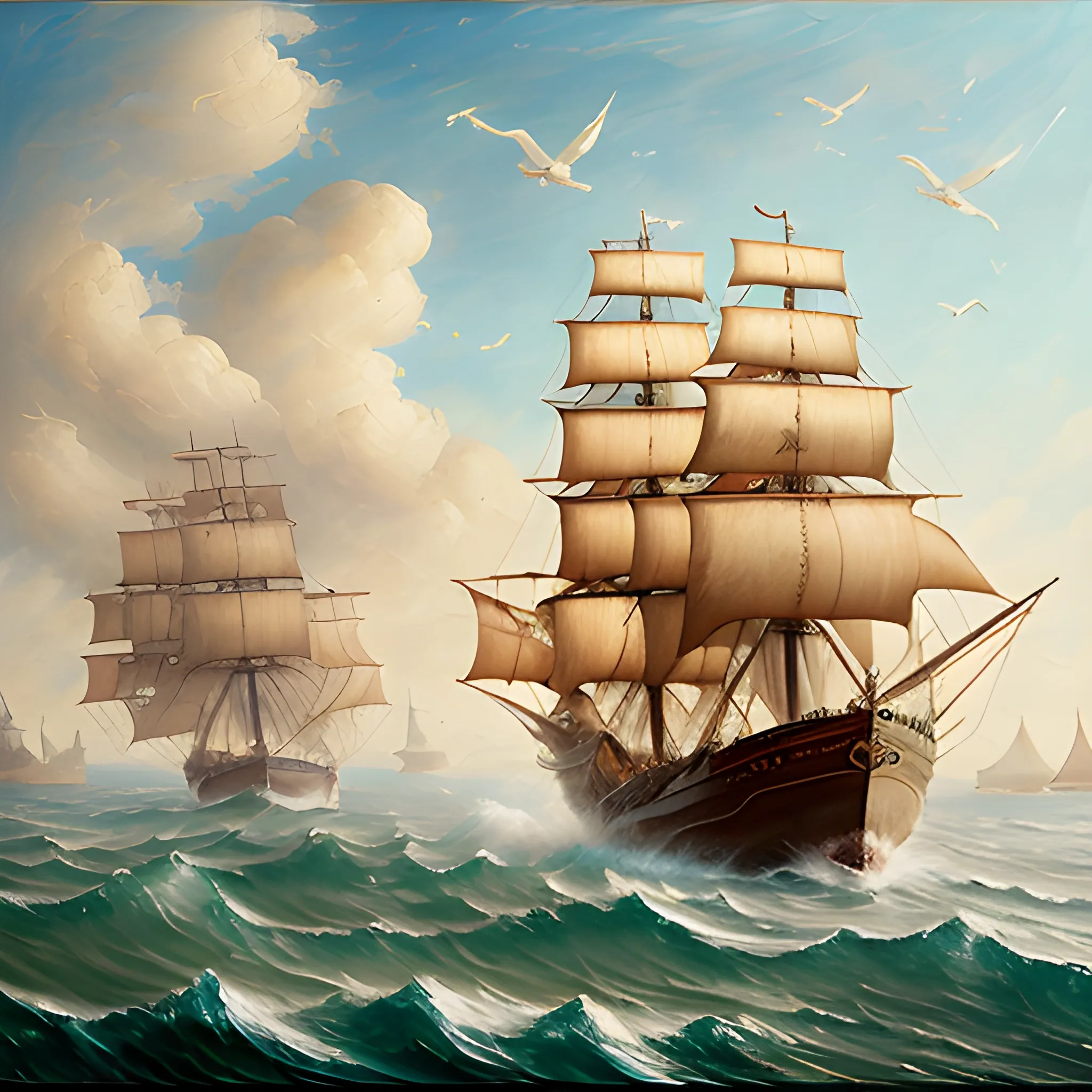 The back port side of a pirate ship sailing away in a wavy sea, thick burlap sails blown with the wind, large ship, full side view of the ship, view from the starboard side of the ship, Wonderful painting, Akihito Yoshida oil painting style, highly detailed,, Oil Painting