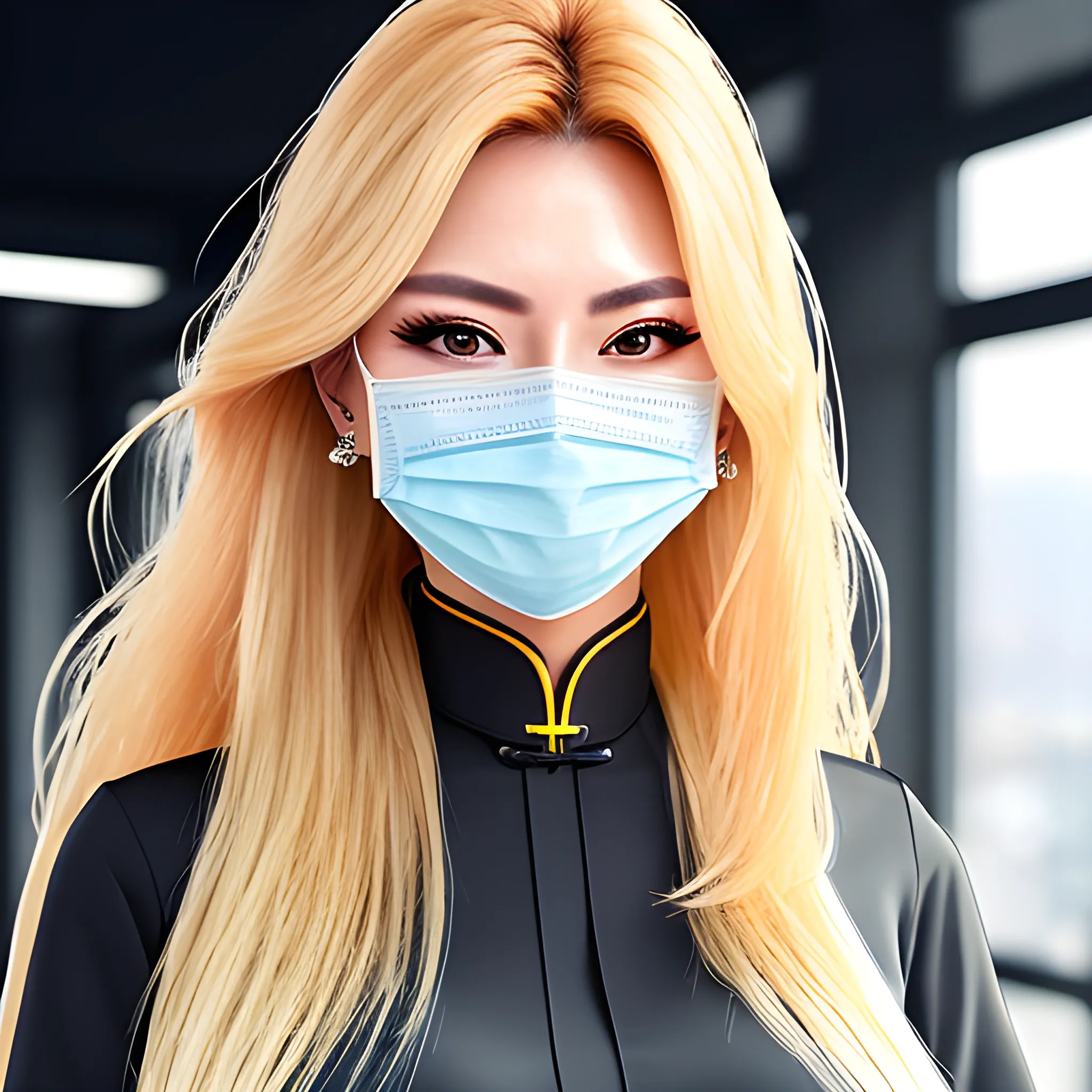 good hand, 4k, best quality, chinese, in the workplace, wearing face mask, business outfit, sweaty, sharp focus, soft lighting, skinny, enormous breasts, 1girl, jewelry, earrings, long hair, blond hair, extremely messy hair