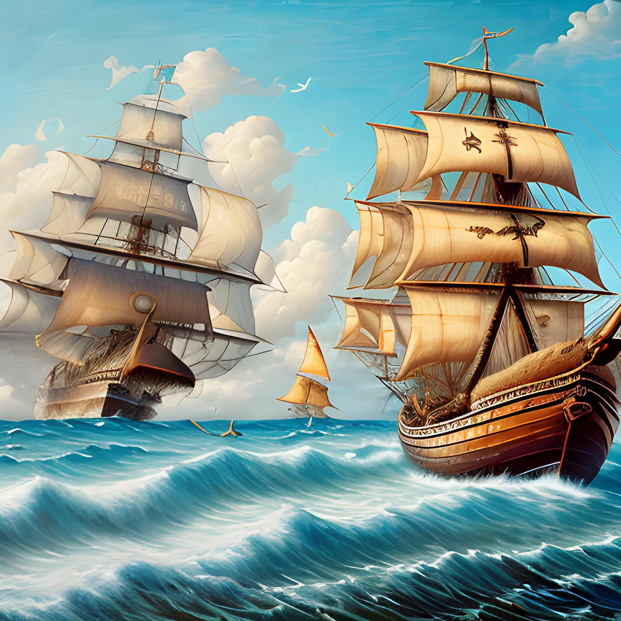 A pirate ship sailing away in a wavy sea, thick burlap sails blown with the wind, large ship, full side view of the ship, view from the rear starboard side of the ship, Wonderful painting, Akihito Yoshida oil painting style, highly detailed,, Oil Painting, Caribbean treas and beach on the Left. 
