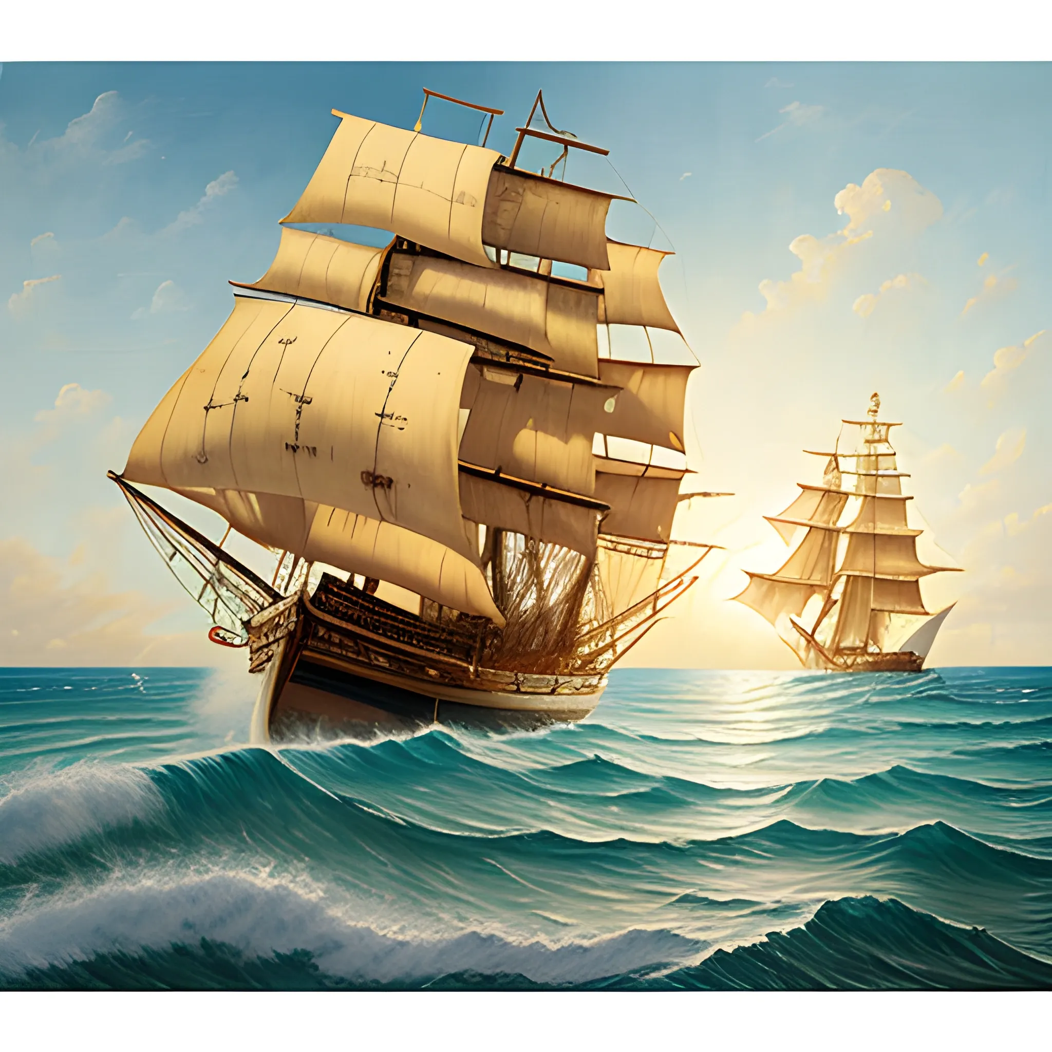 A pirate ship sailing away to the left in a wavy sea, thick burlap sails blown with the wind, large ship, Wonderful painting, Akihito Yoshida oil painting style, highly detailed,, Oil Painting, Caribbean treas and beach on the Left. 