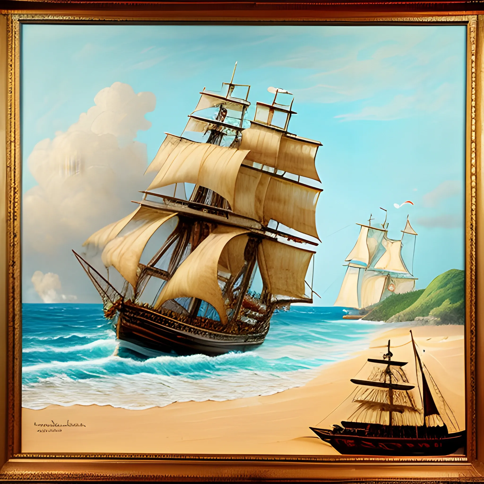 A pirate ship sailing out to sea to the left in a wavy sea, thick burlap sails blown with the wind, large ship, Wonderful painting, Akihito Yoshida oil painting style, highly detailed,, Oil Painting, Caribbean treas and beach on the Left. 