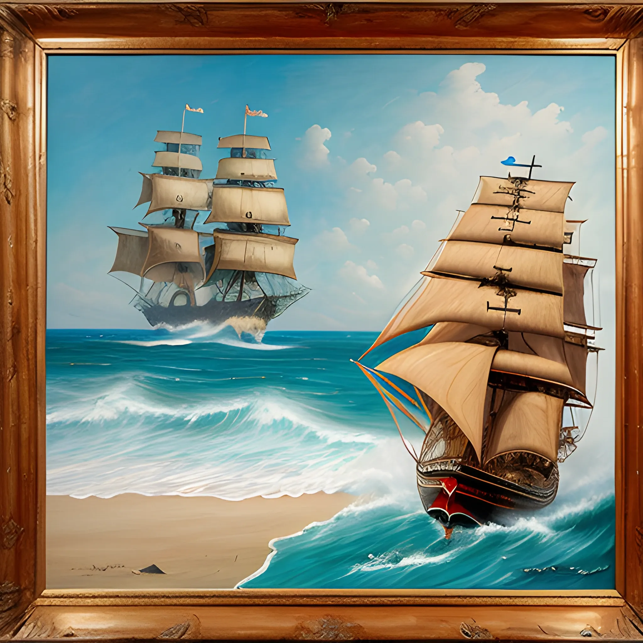 A rear view of a pirate ship sailing out to sea to the left in a wavy sea, thick burlap sails blown with the wind, large ship, Wonderful painting, Akihito Yoshida oil painting style, highly detailed,, Oil Painting, Caribbean treas and beach on the Left. 
