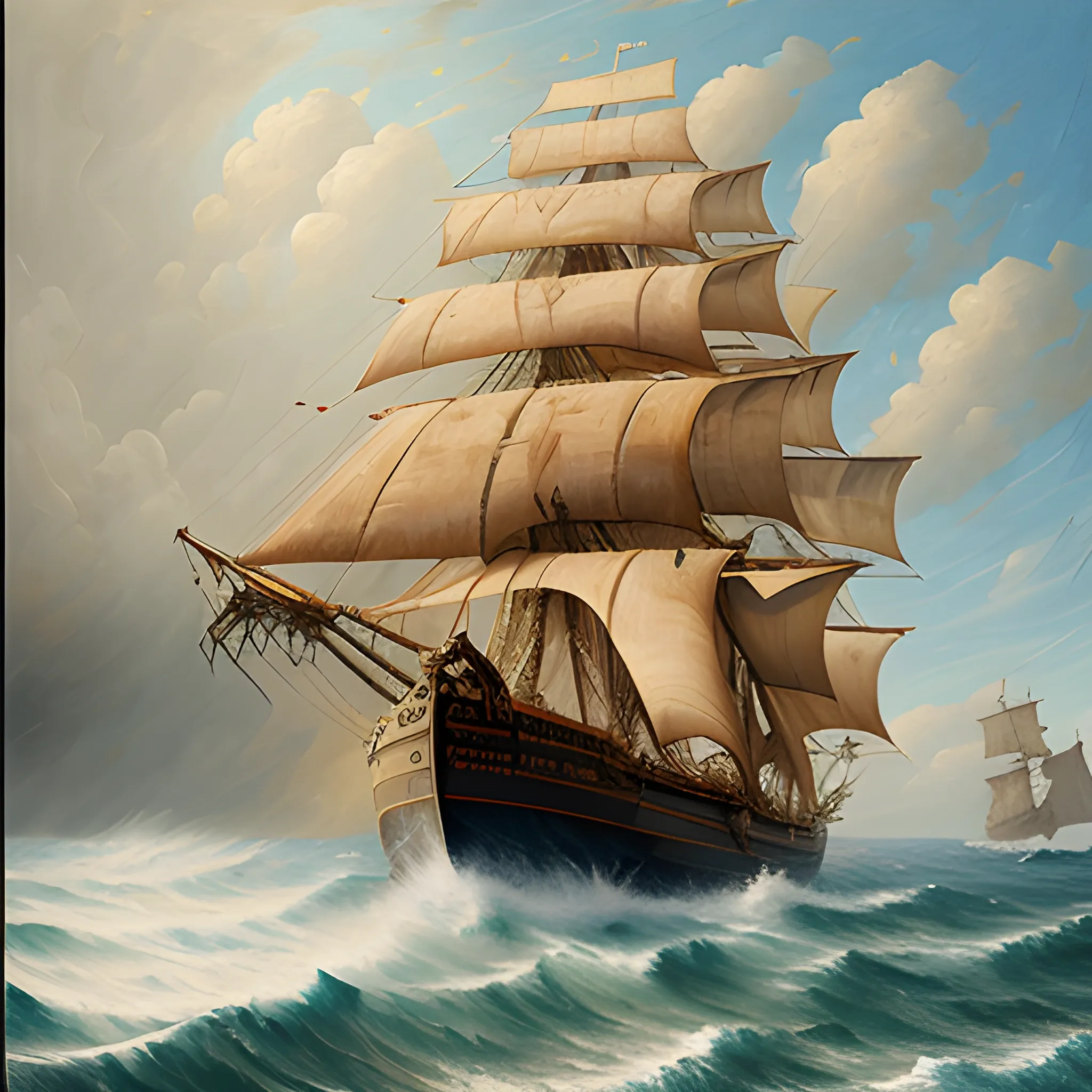 A rear view of one pirate ship sailing out to sea to the starboard side in a wavy sea, thick burlap sails blown with the wind, large ship, Wonderful painting, Akihito Yoshida oil painting style, highly detailed,, Oil Painting