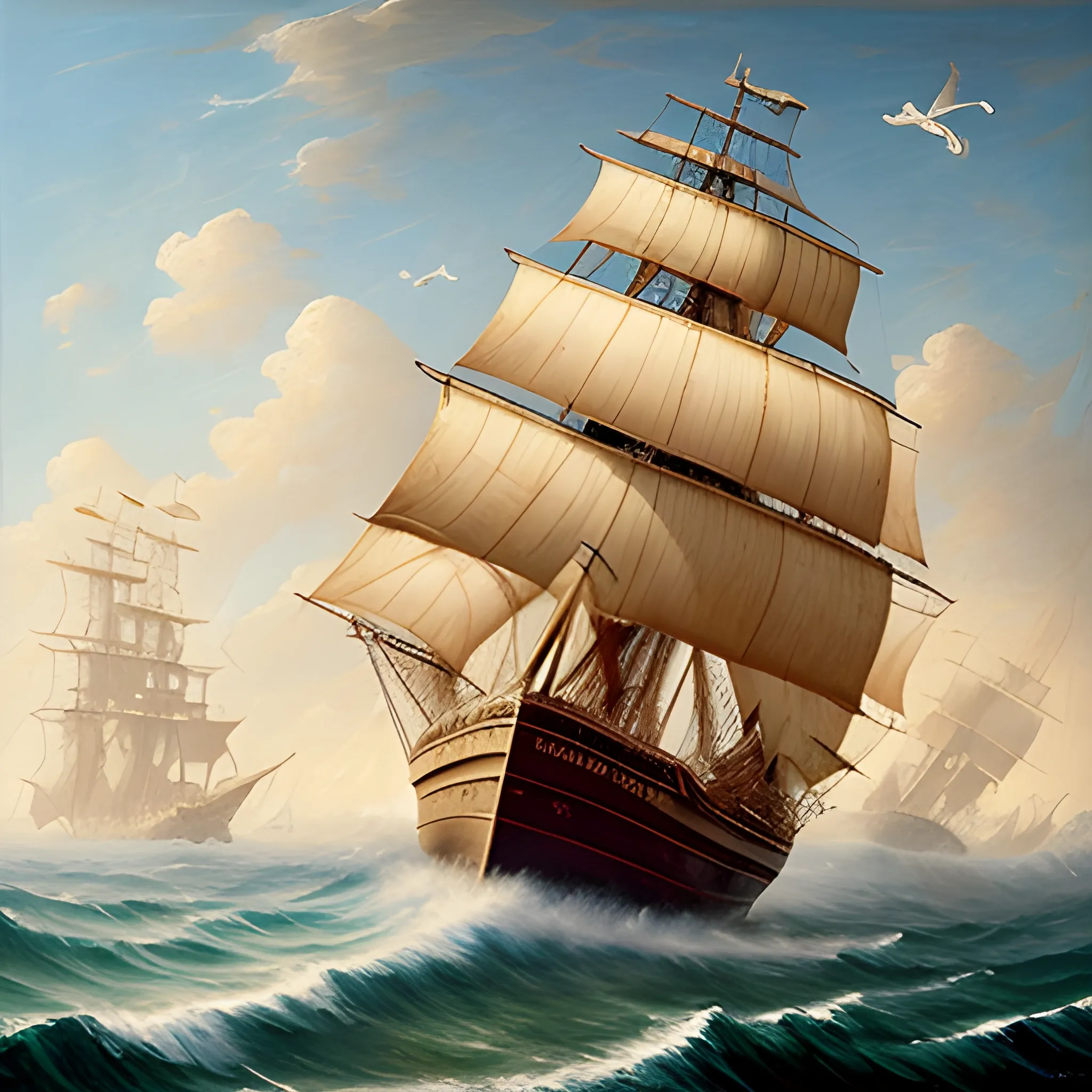 A front view of one pirate ship sailing out to sea to the starboard side in a wavy sea, thick burlap sails blown with the wind, large ship, Wonderful painting, Akihito Yoshida oil painting style, highly detailed,, Oil Painting