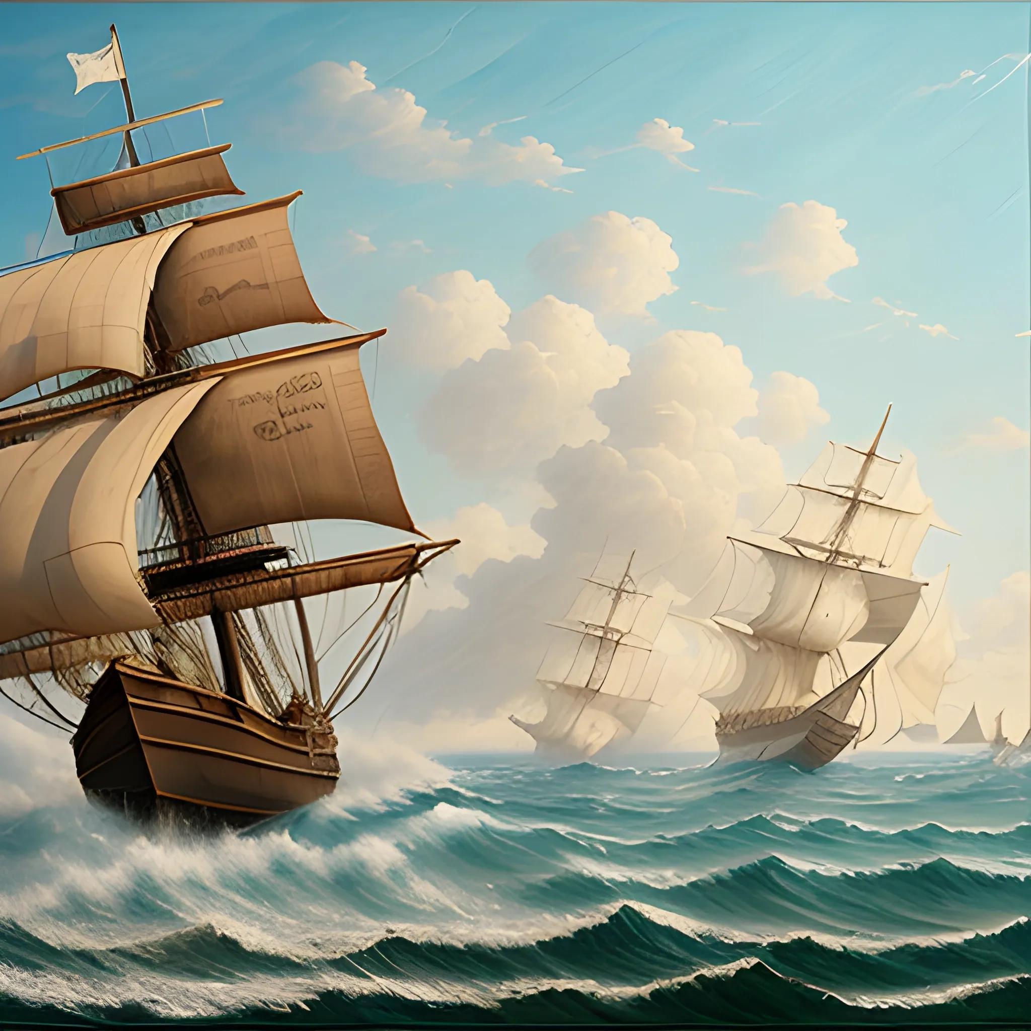 A back view of a lonely pirate ship sailing out to sea in a wavy sea, thick burlap sails blown with the wind, large ship, Wonderful painting, Akihito Yoshida oil painting style, highly detailed,, Oil Painting