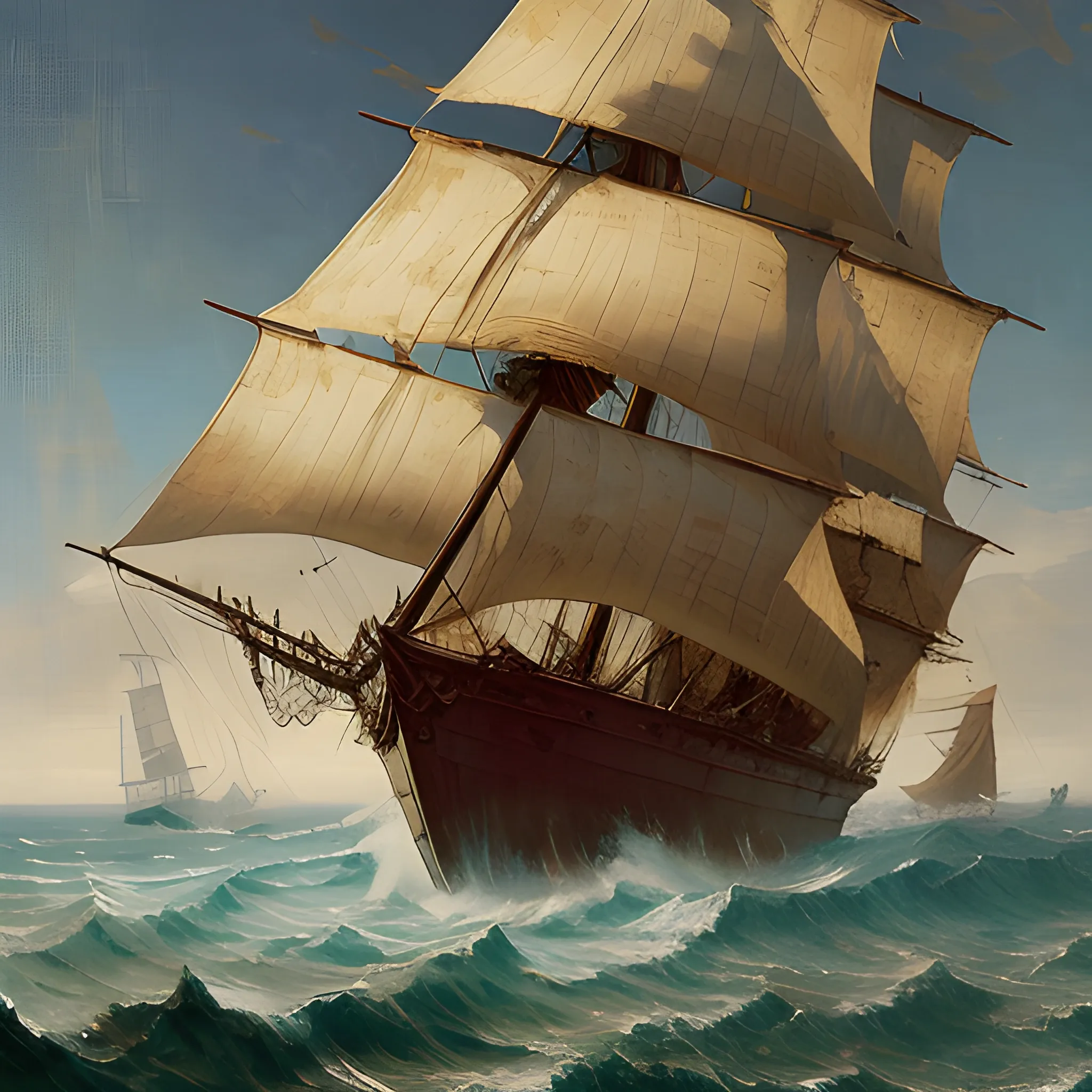 A back view of a solitary pirate ship sailing out to sea in a wavy sea, thick burlap sails blown with the wind, large ship, Wonderful painting, Akihiko Yoshida oil painting style, highly detailed,, Oil Painting