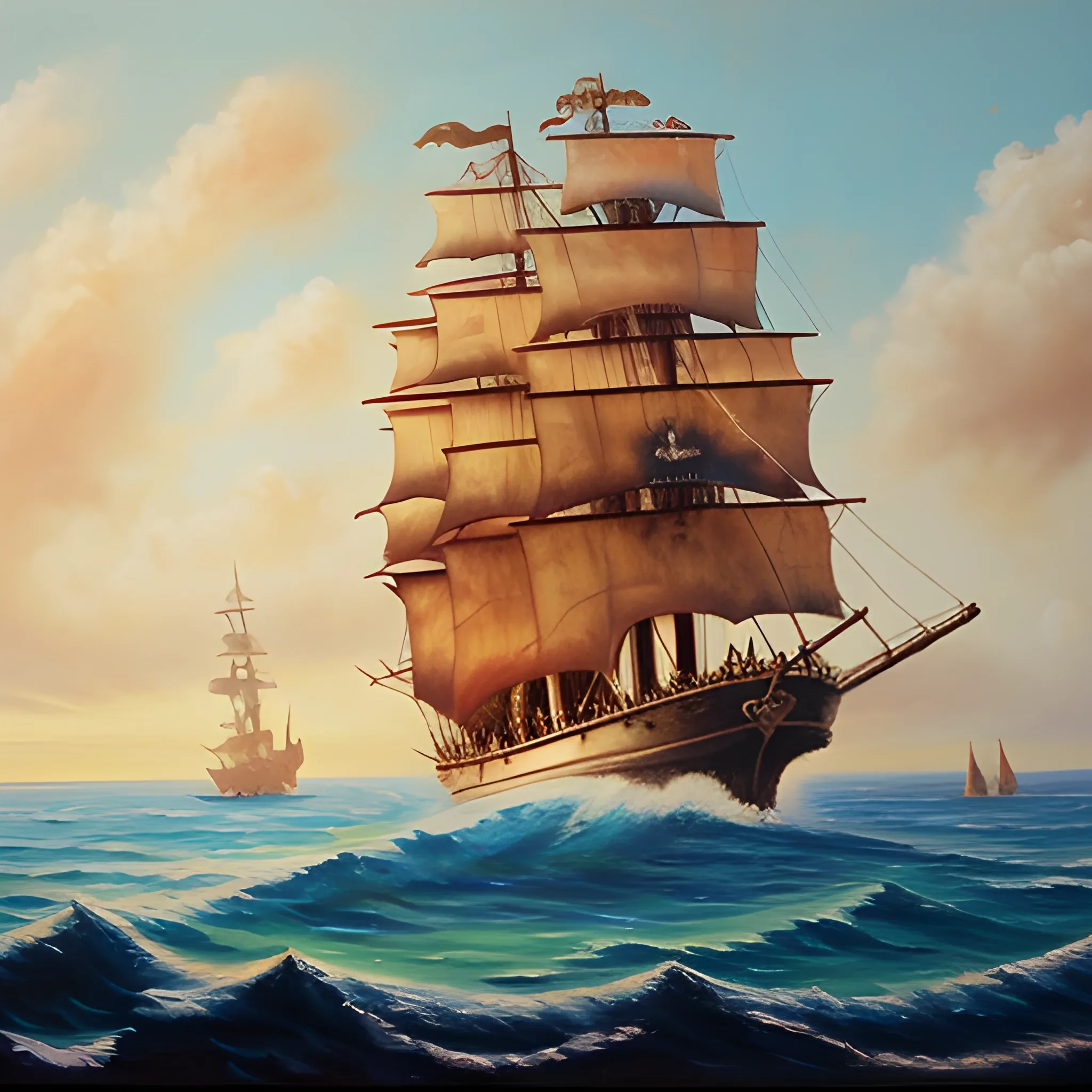 A pirate ship sailing away from the camera out to see. Oil Painting
