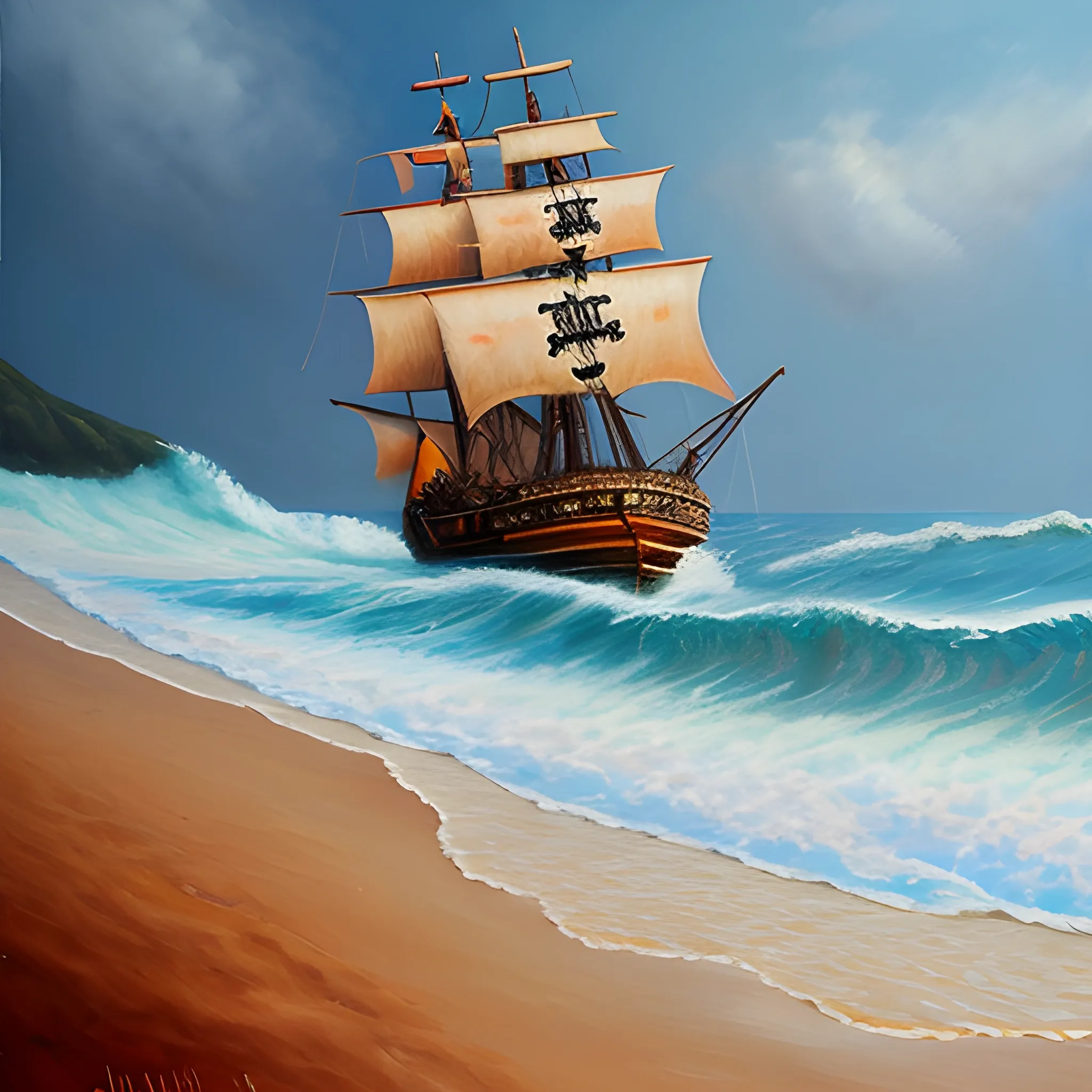 A pirate ship sailing away from the camera straight on out to sea. Oil Painting
