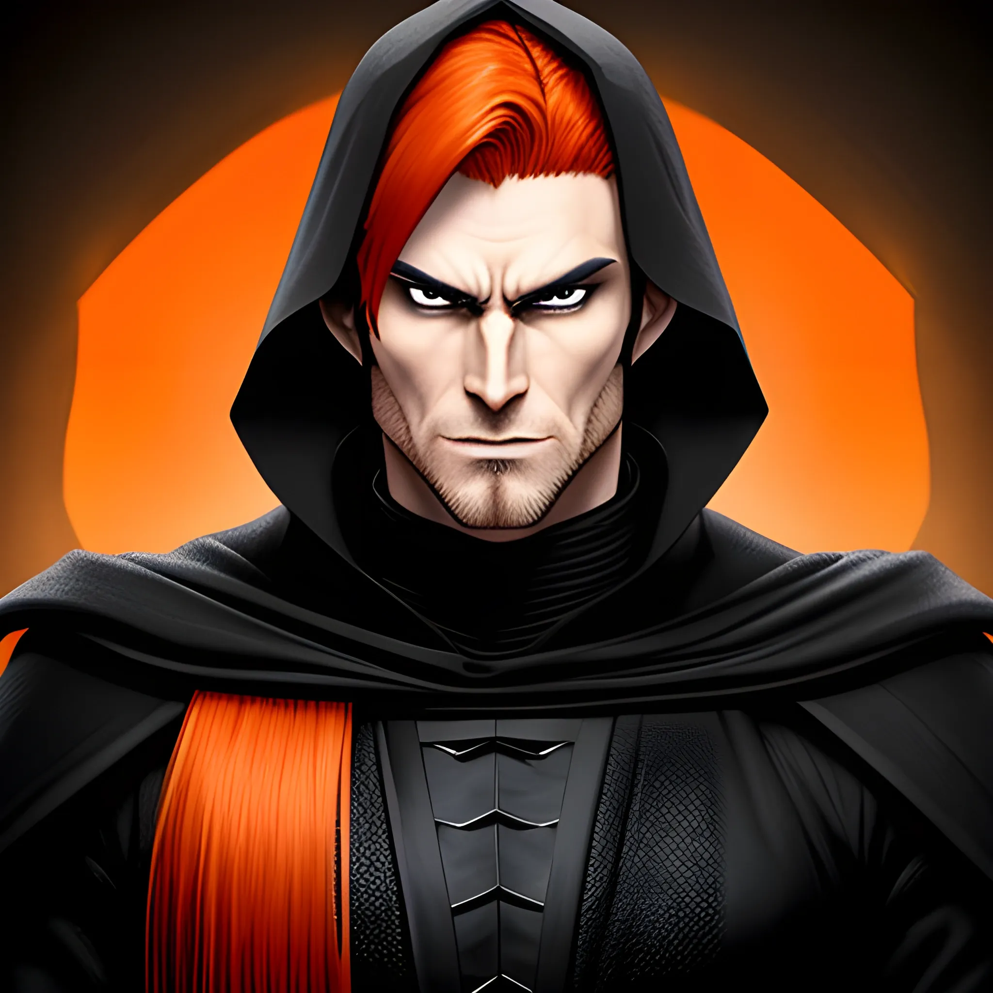 Strong look anime fighter, male, intimidating, Young adult, good face, non-blurry face, good eyes, long orange hair, nice jawline, small stubble, wearing only a black cloak