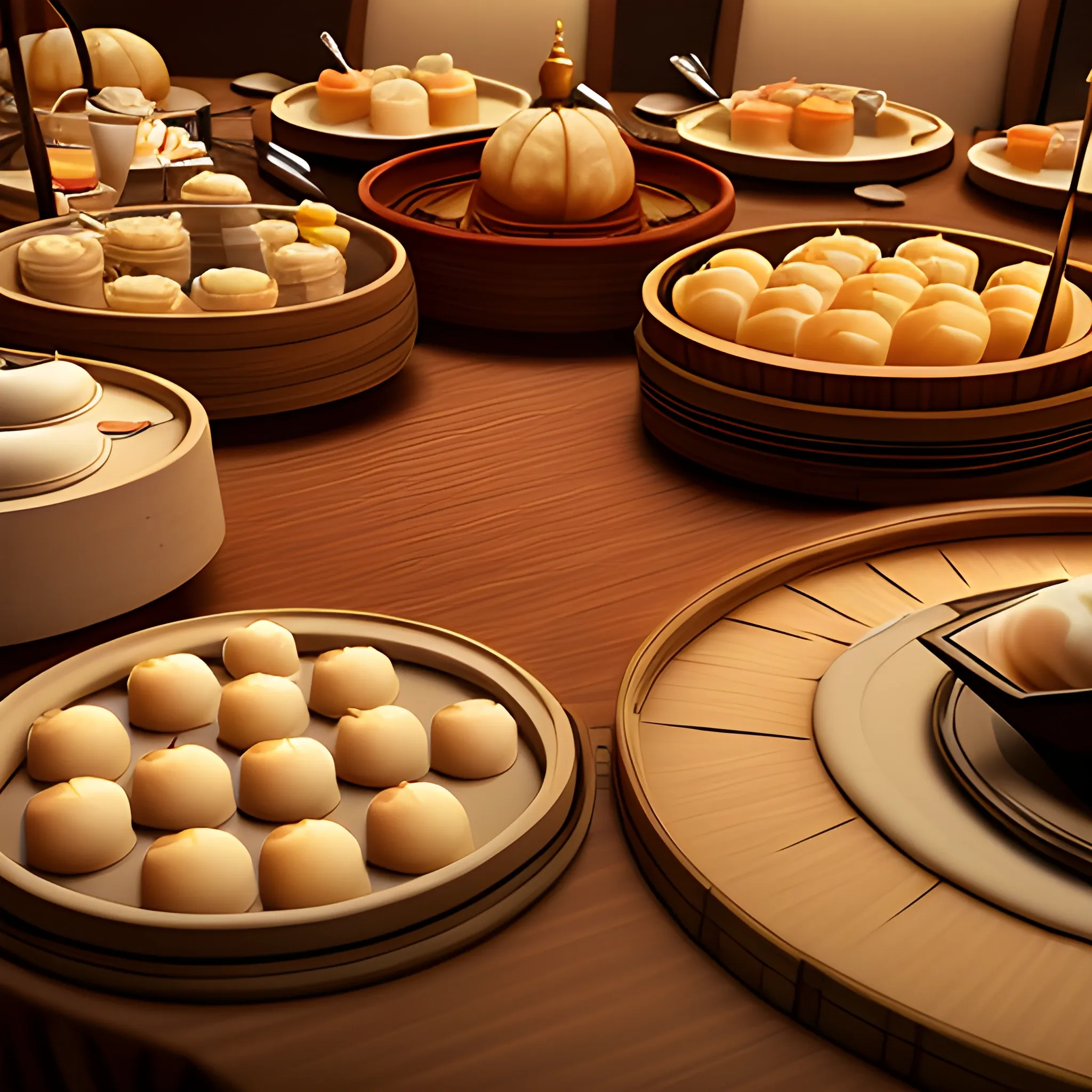  cinematic, 6 star hotel, close up of round table top set up with all kinds of dim sum, epic realism, cinematic, epic realism,8K, highly detailed, long shot technique, dreamy vibe