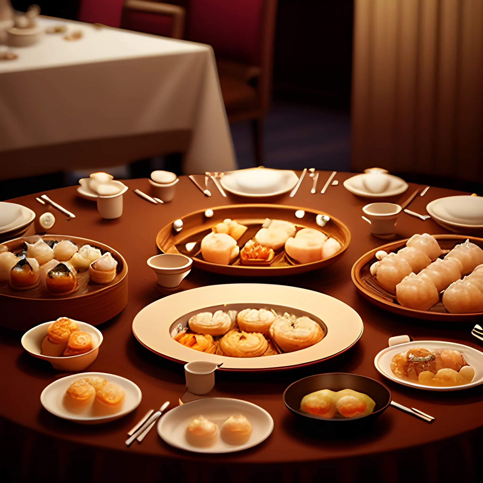  cinematic, 6 star hotel, close up of round table set up with all kinds of dim sum, epic realism, cinematic, epic realism,8K, highly detailed, long shot technique, dreamy vibe