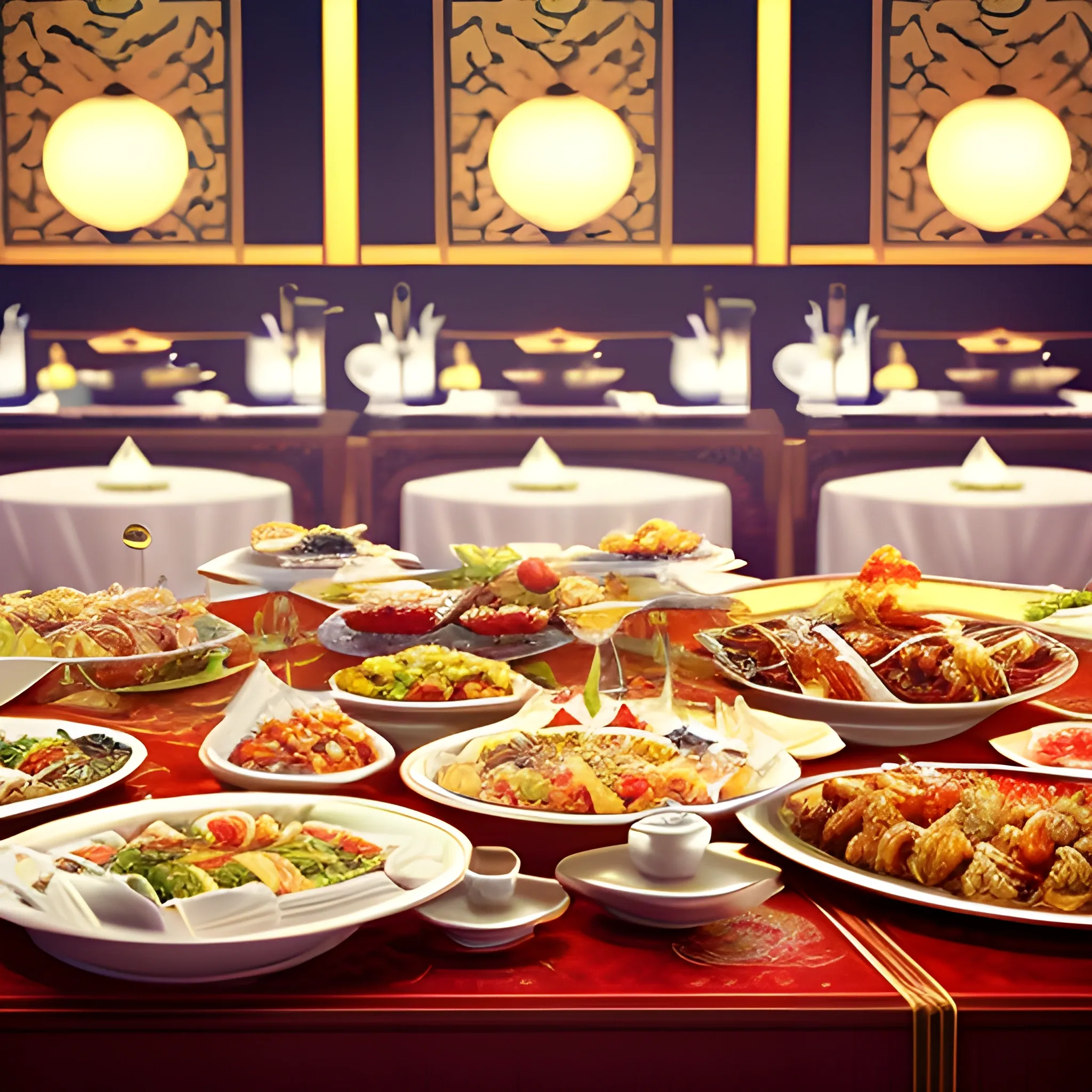 cinematic, 6 star hotel, close up of buffet serving table set up with all kinds of Chinese cuisine, epic realism, cinematic, epic realism,8K, highly detailed, long shot technique, dreamy vibe, Cartoon