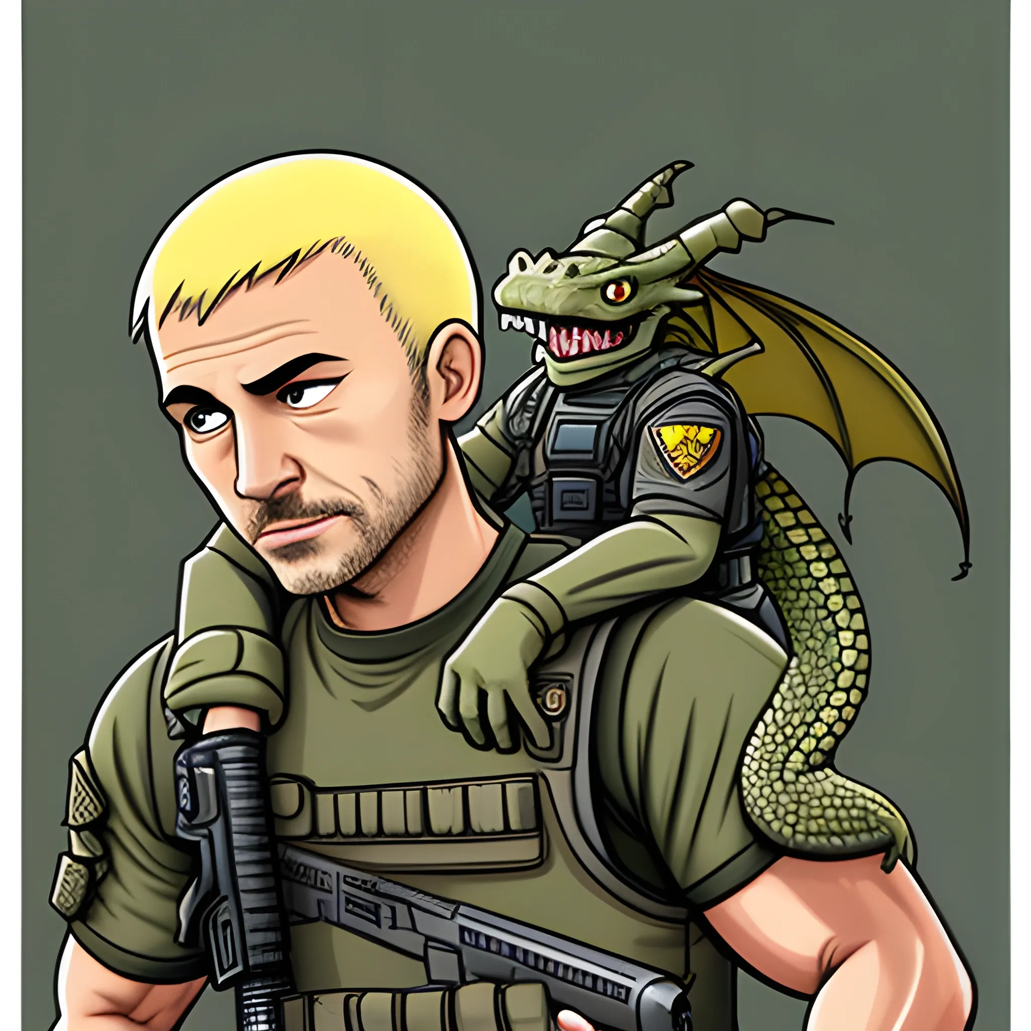 A Dragon wearing tactical gear holding bidens head, Cartoon