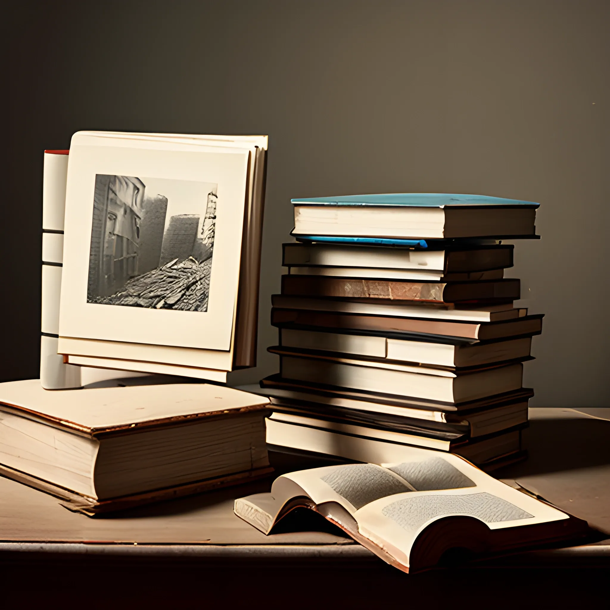 very fragmented still life of books, photography