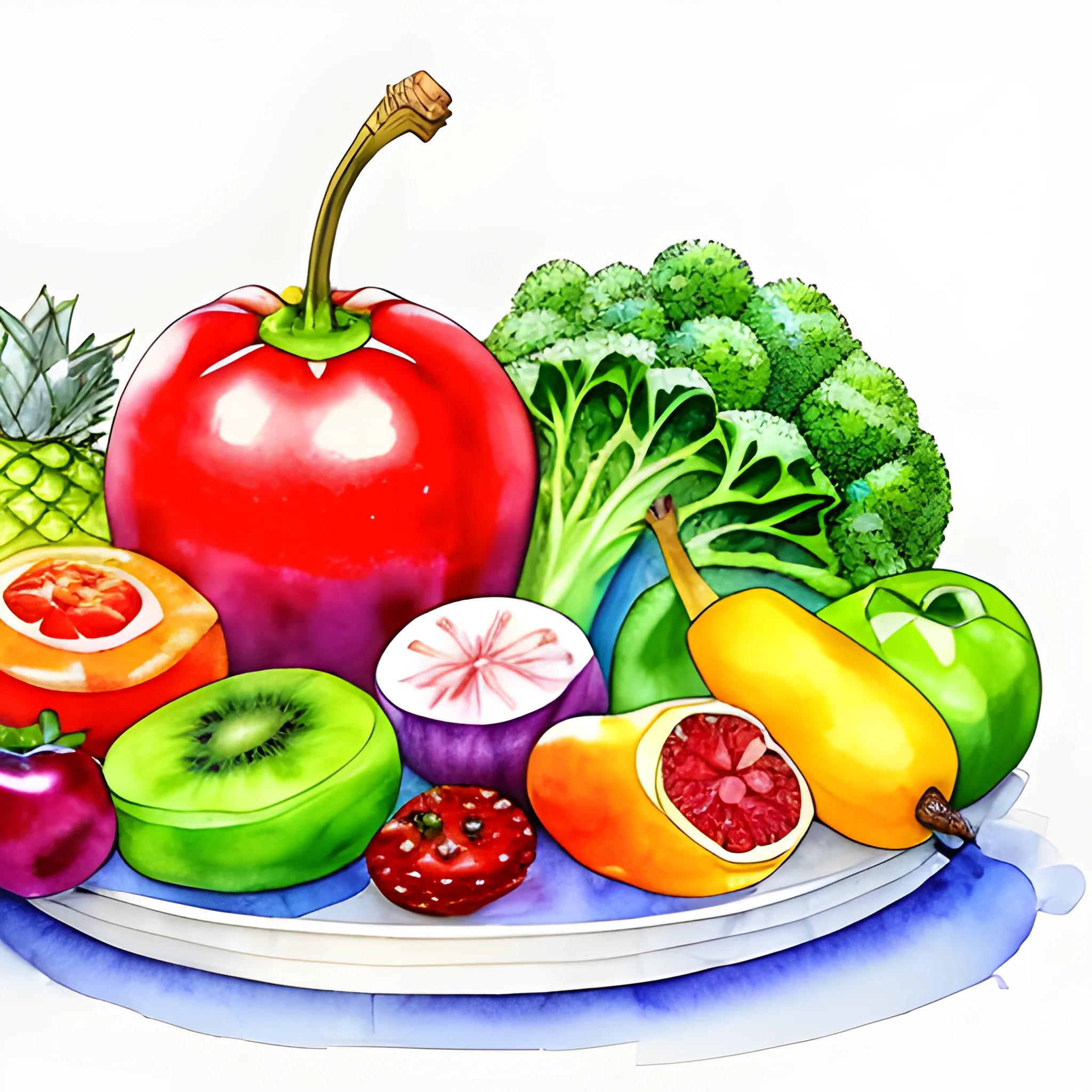 Assortment of fresh ripe fruits and vegetables on the table
, Water Color