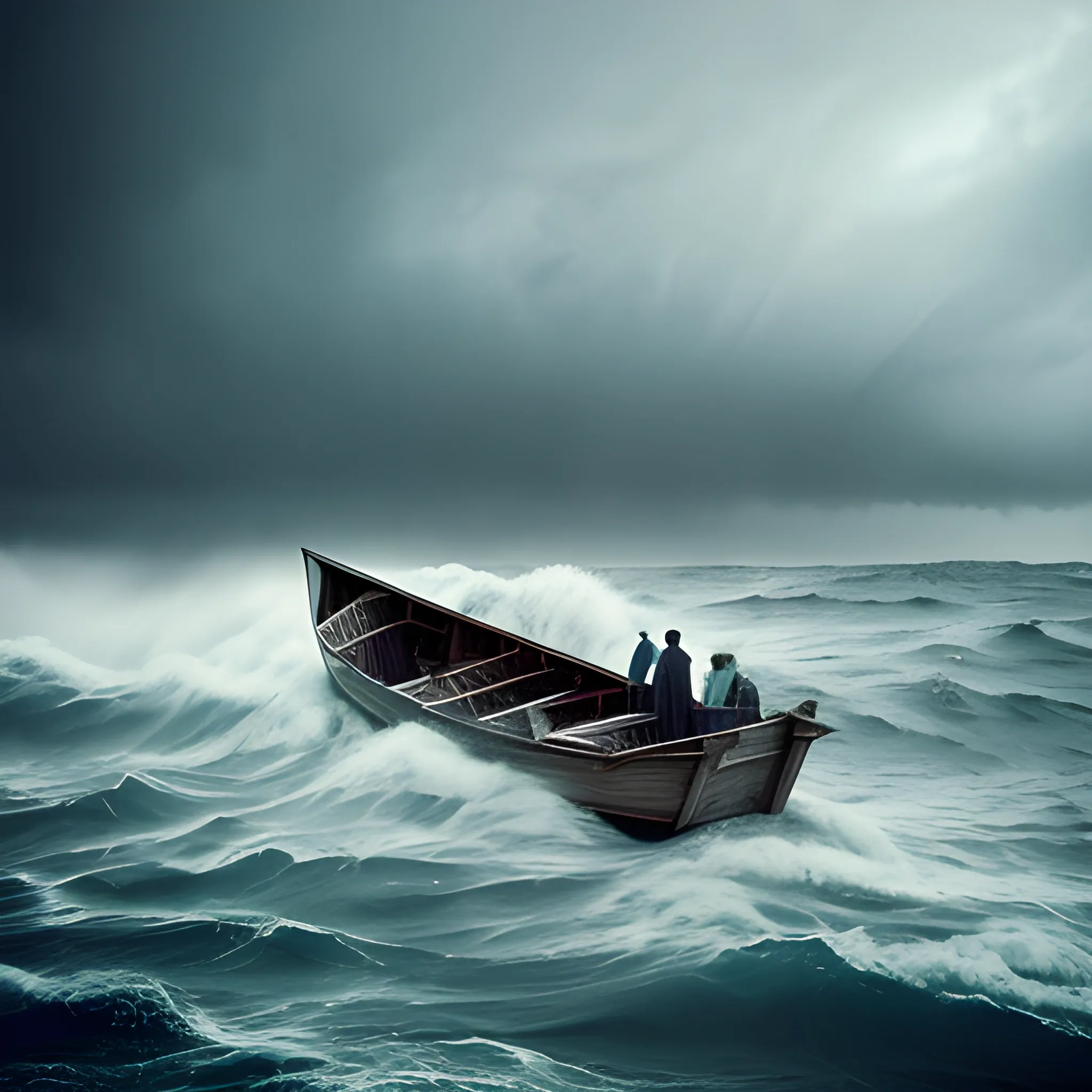 ghost migrants in a boat on the stormy sea, photography