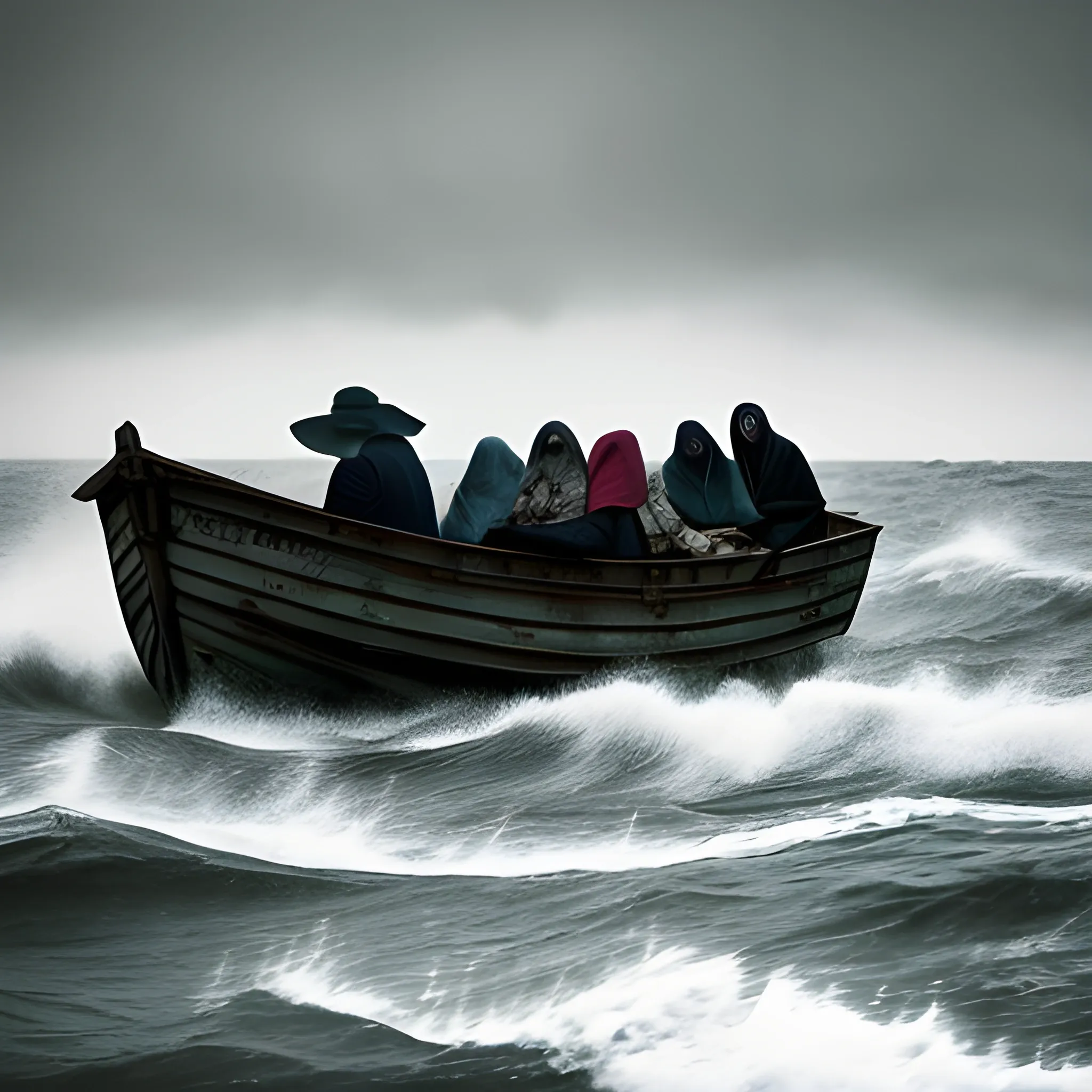 ghost migrants in a boat on the stormy sea, photography