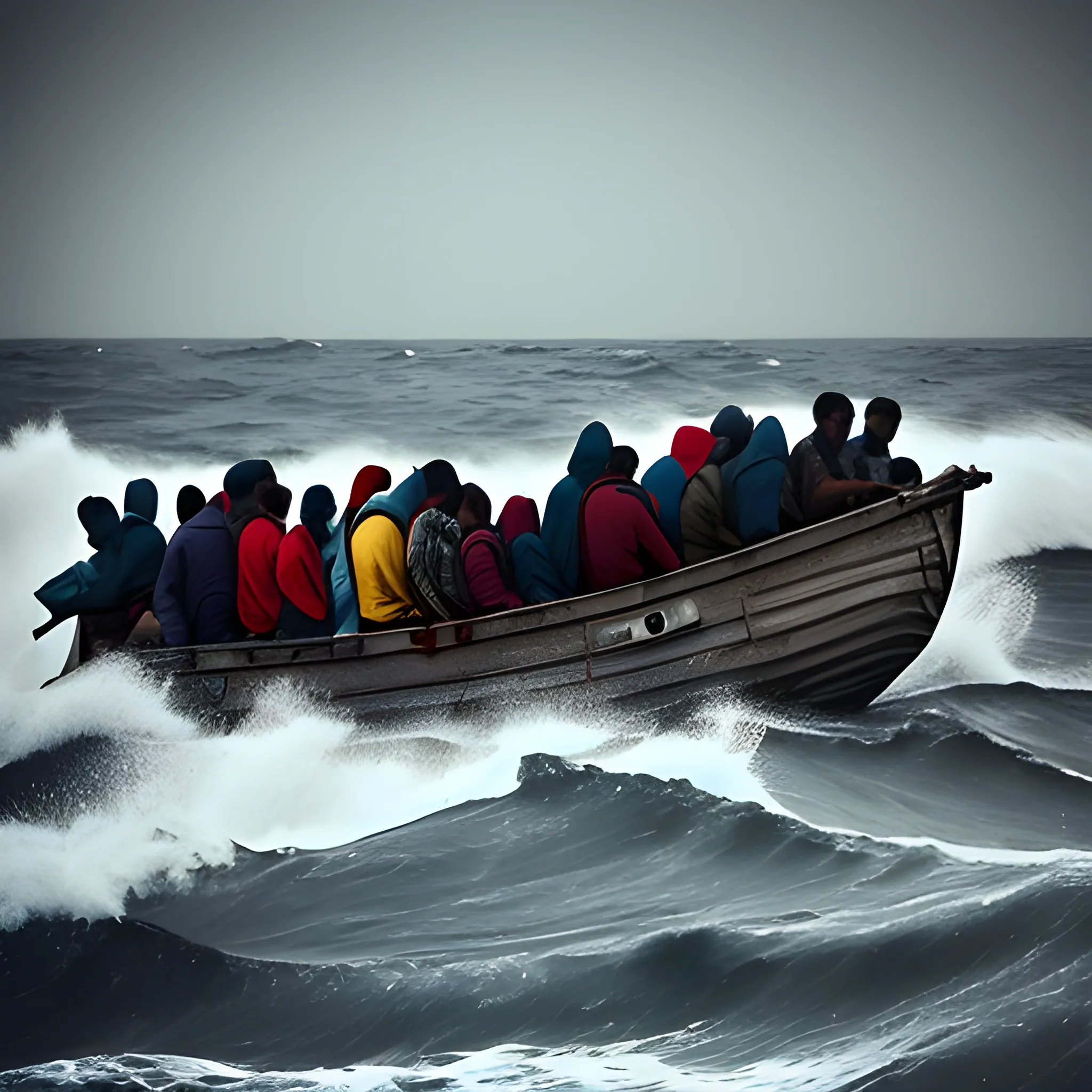 migrants in a boat on the stormy sea, photography
