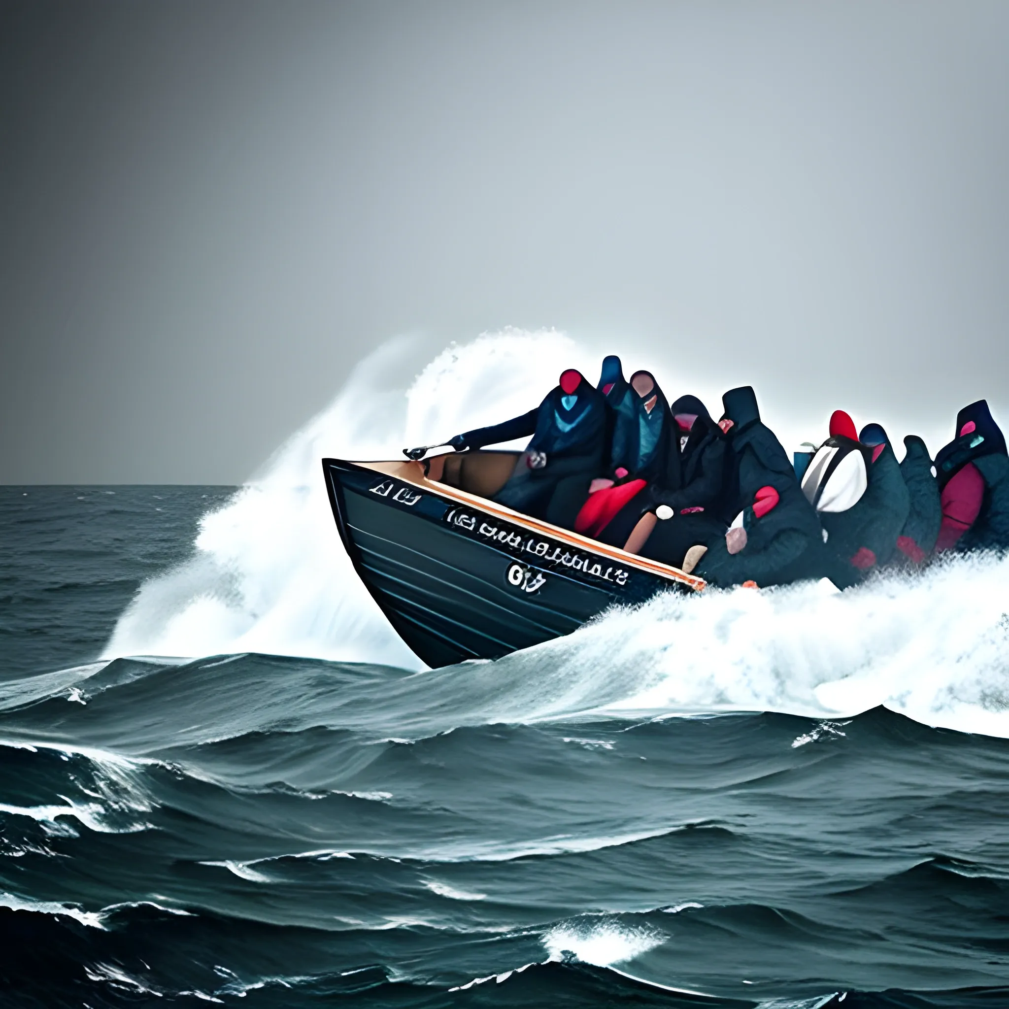 ghost migrants on a small boat on the stormy sea, photography