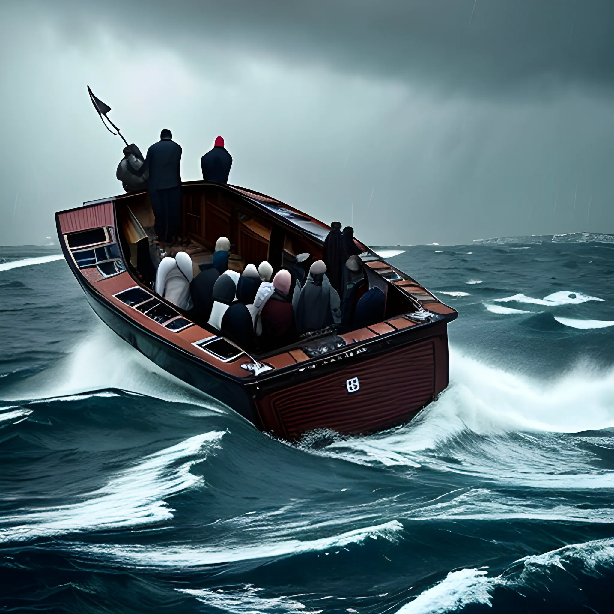 ghost migrants on a small boat on the stormy sea, photography