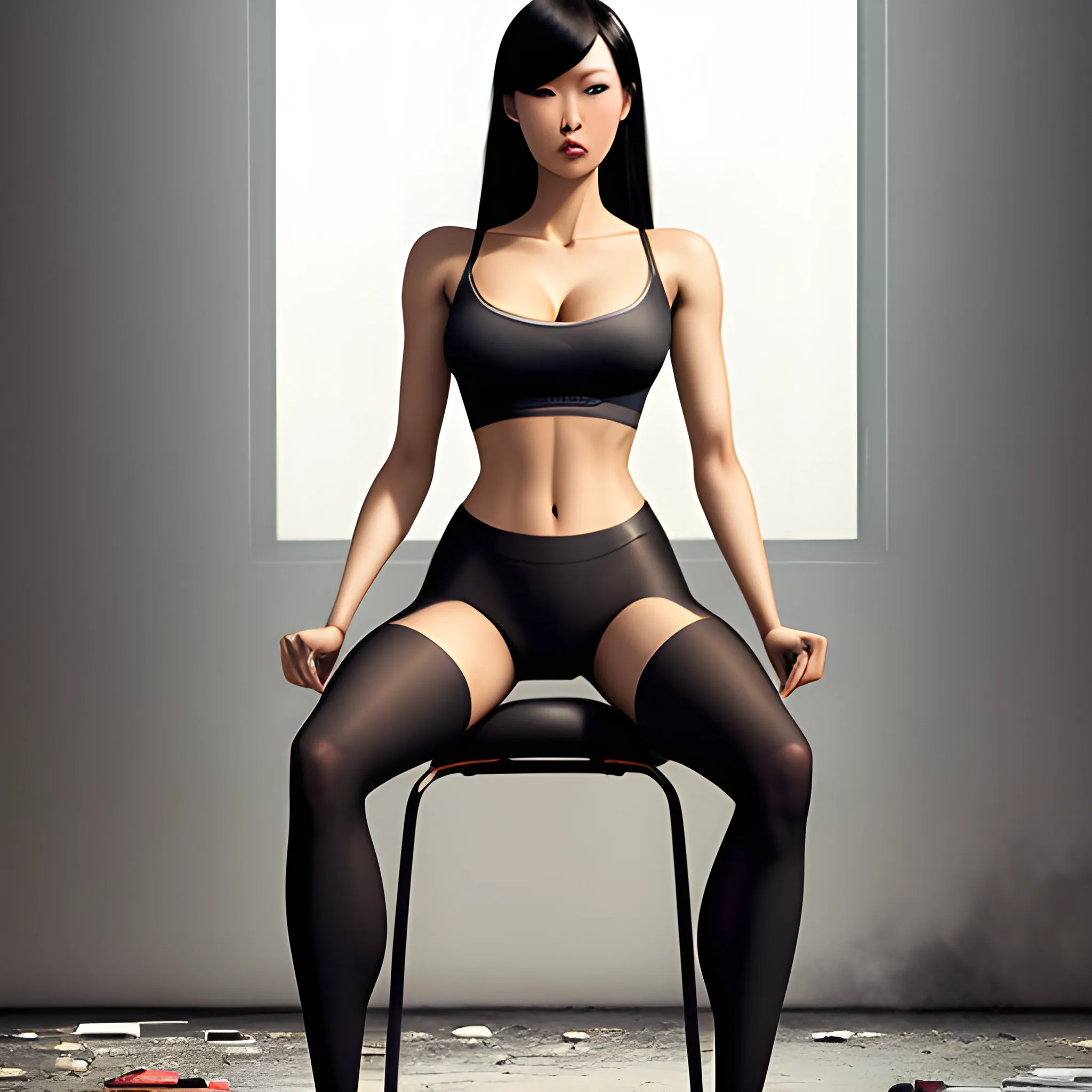 casual fashion shot of   korean cheap damsel in distress, wearing tights , cameltoe, longhaired, symmetric face, manga eyes,  full figure, fit,  office outfit, legs, knees, high heels, sitting on the chair in the demolished class, school, revenge, sinister art by Greg Rutkowski, 