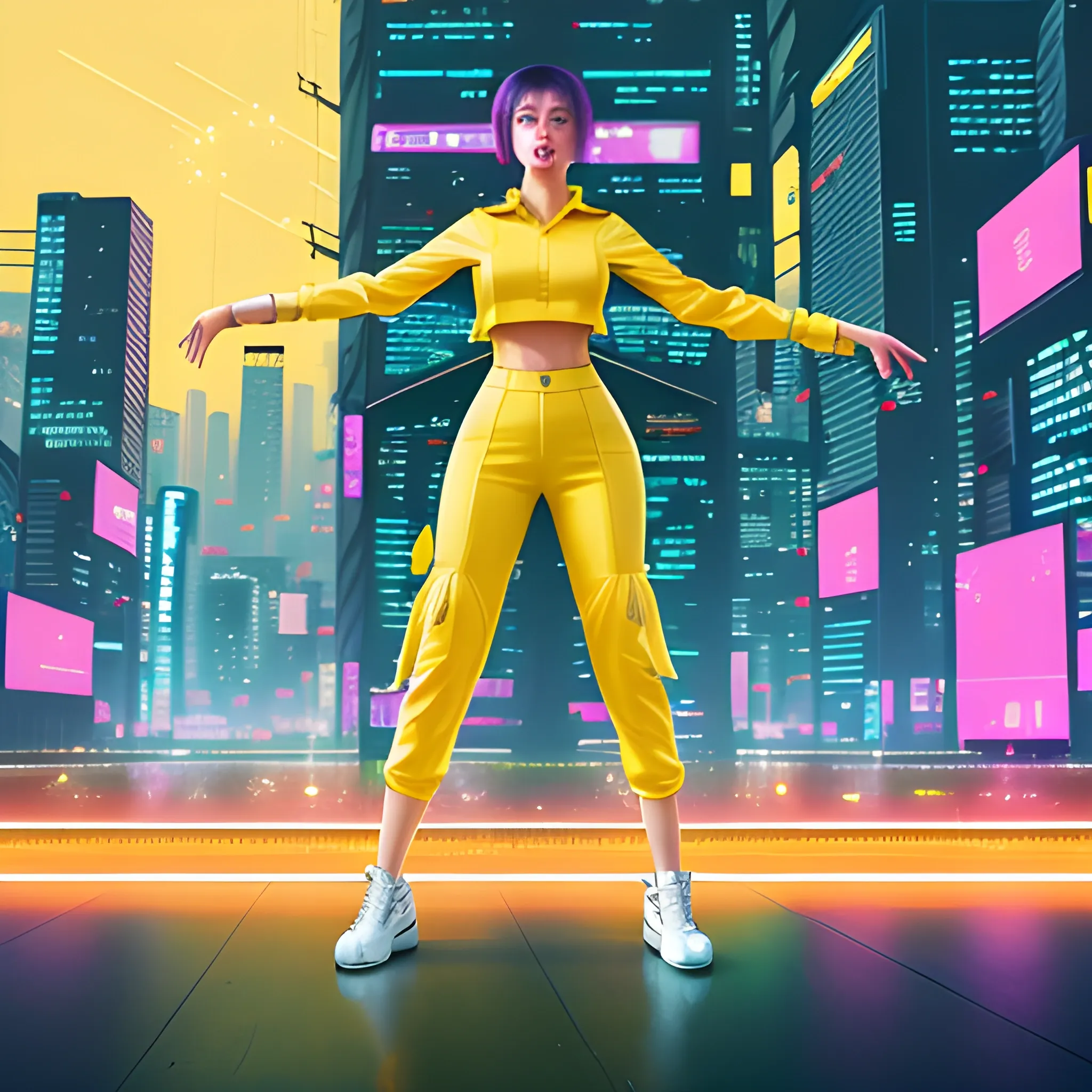 a woman in a yellow outfit dancing stands in front of a city, cyberpunk art by Kim Hong-do, 