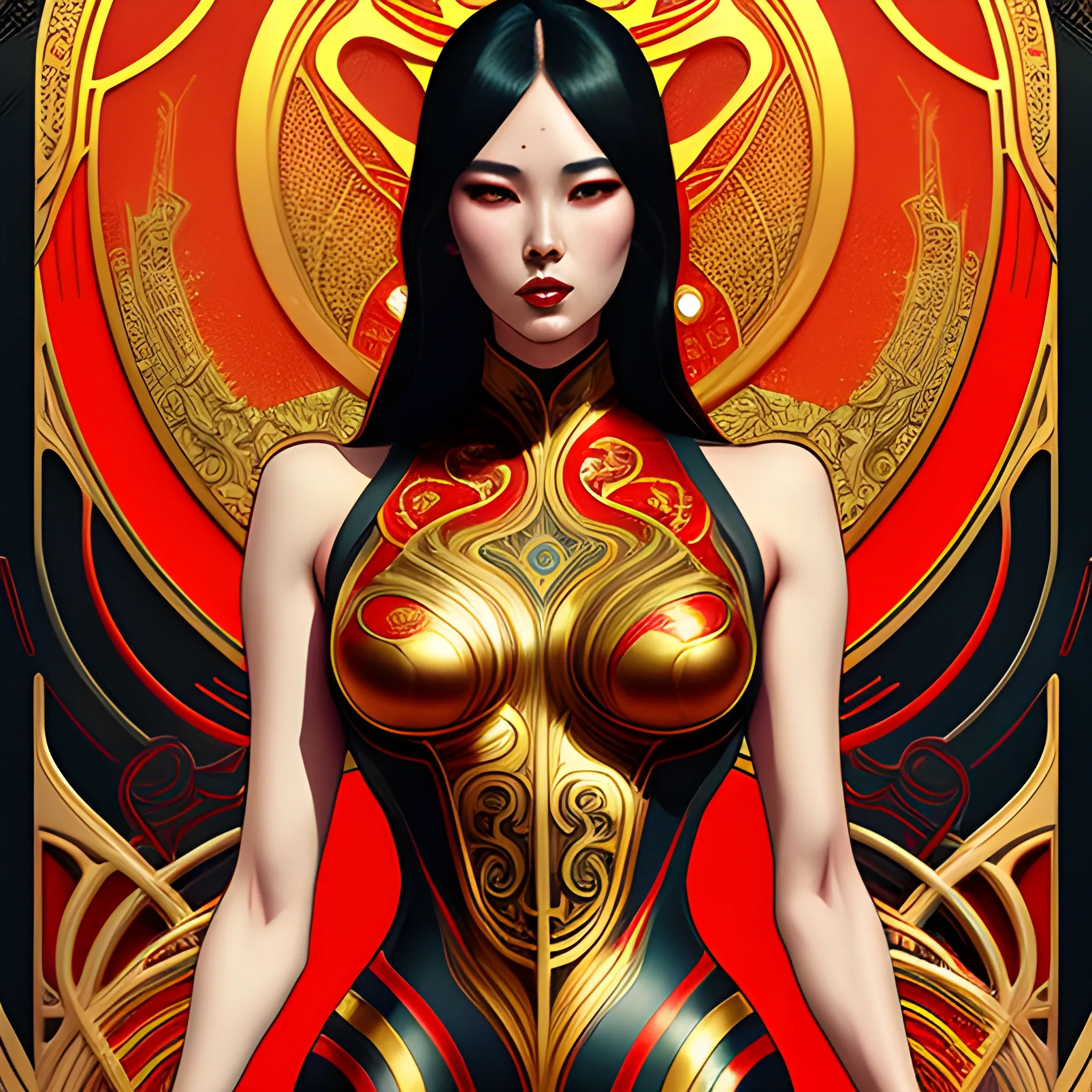 modern style korean sexy girl in lycra costume, Trippy  art nouveau elements with good looking.  silver red and gold art nouveau elements  in the background, high contrast, dark art  by Greg Rutkowski, intricate detail, intensive warm colors, hyper realistic, intricate detail, , Trippy