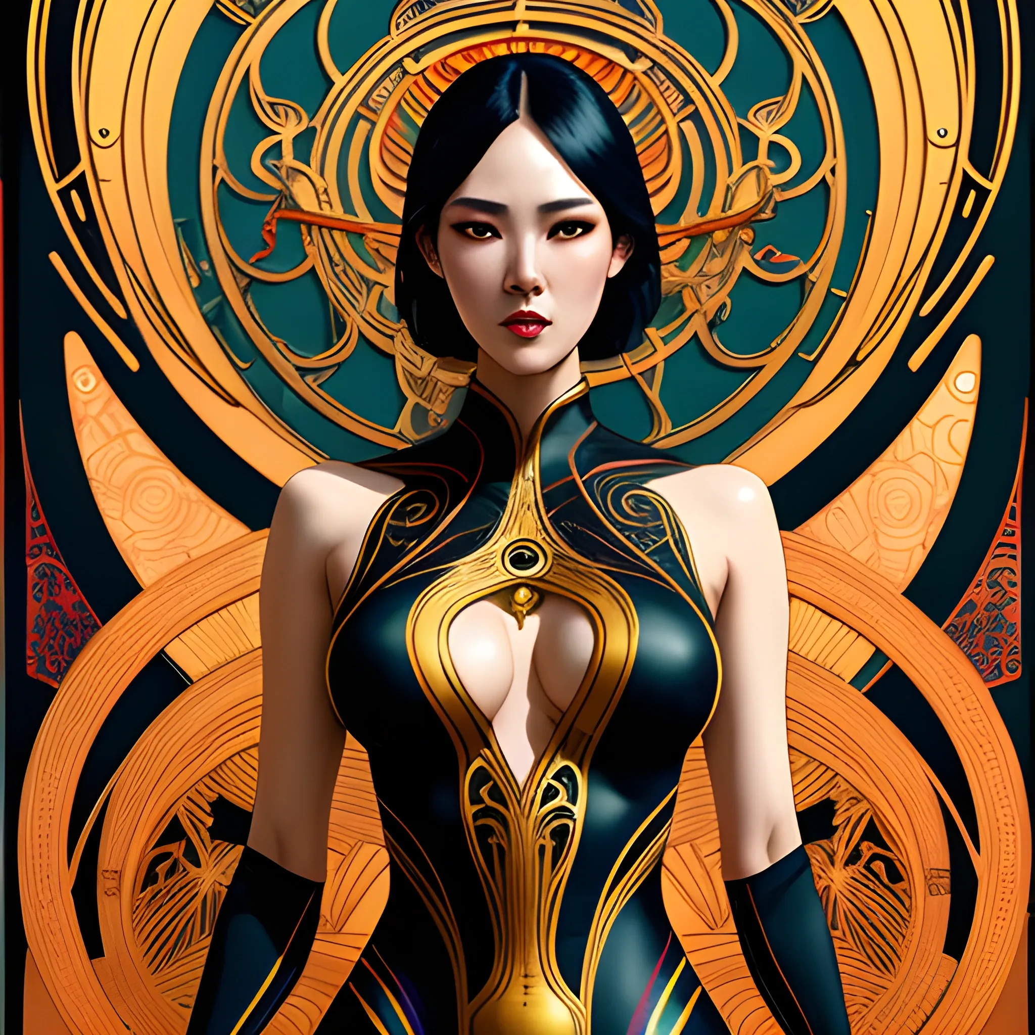 modern style korean sexy girl in lycra costume, Trippy  art nouveau elements with good looking.  art nouveau elements  in the background, high contrast, dark art  by Greg Rutkowski, intricate detail, intensive warm colors, hyper realistic, intricate detail, ,
