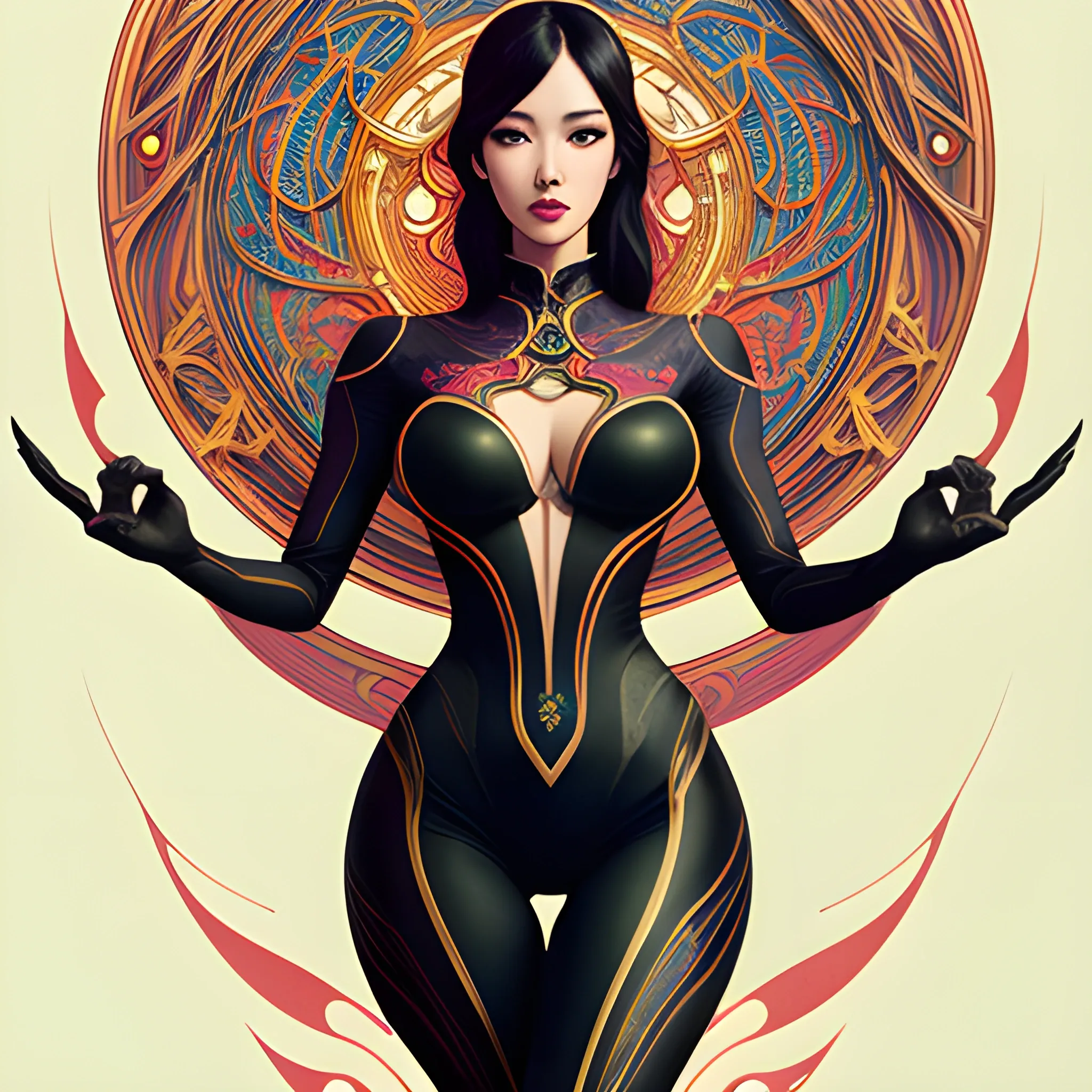 modern style korean sexy girl in lycra costume, Trippy  art nouveau elements with good looking.  art nouveau elements  in the background, high contrast, dark art  by Greg Rutkowski, intricate detail, intensive warm colors, hyper realistic, intricate detail, ,