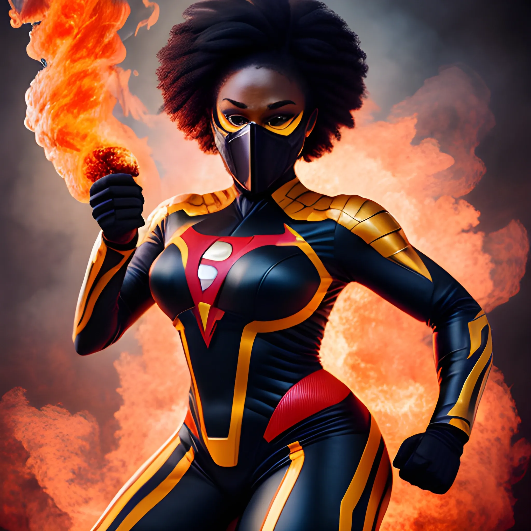 a black woman in a super hero suit with a full  mask with fire en smoke in the background
in the style of Photo real, hyper-realistic, high dynamic range, rich colors, lifelike textures, 8K UHD, high color depth, Nikon D 850, Kodak Portra 400, Fujifilm XT