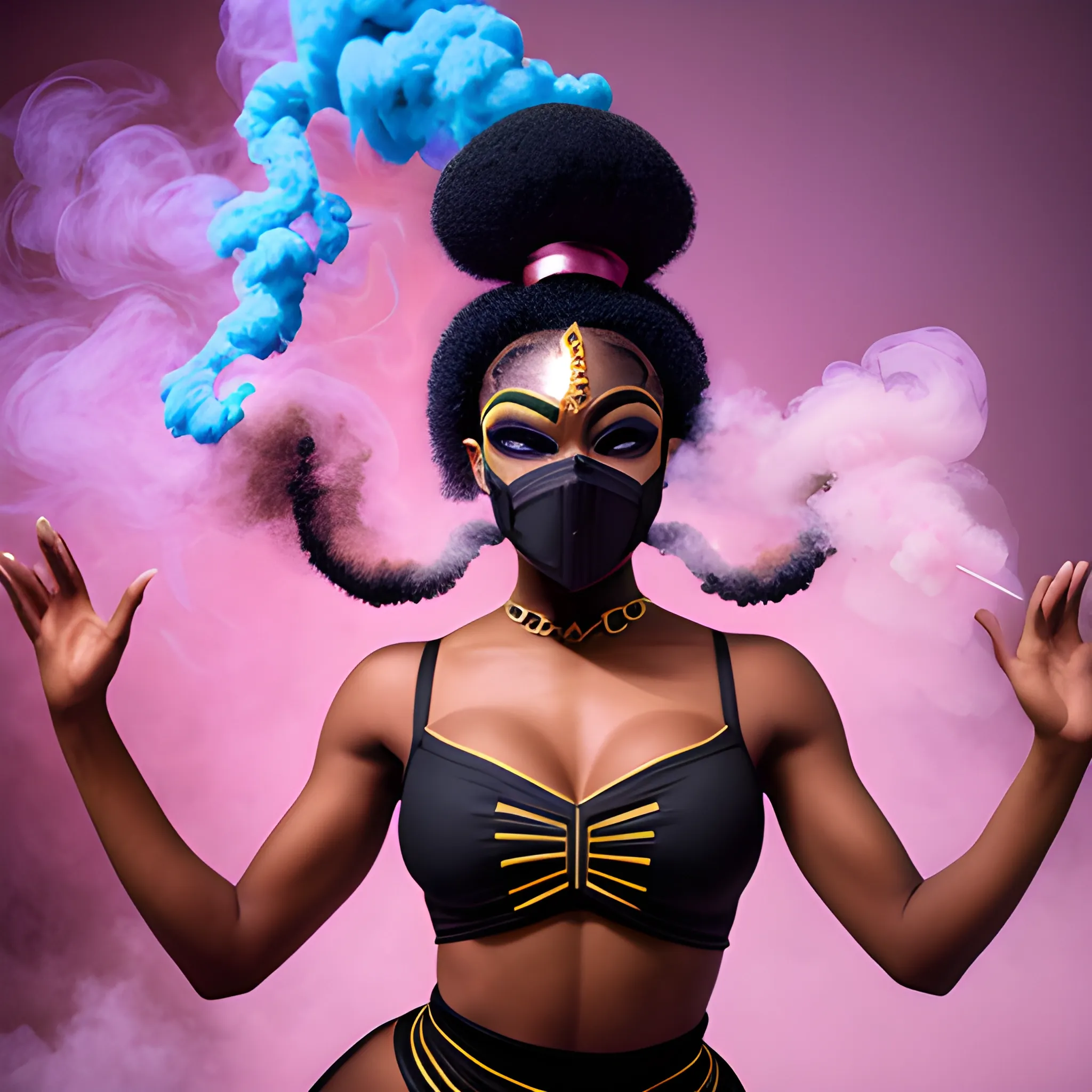 a black woman in a  dance outfit with a full  mask with smoke in the background
in the style of Photo real, hyper-realistic, high dynamic range, rich colors, lifelike textures, 8K UHD, high color depth, Nikon D 850, Kodak Portra 400, Fujifilm XT