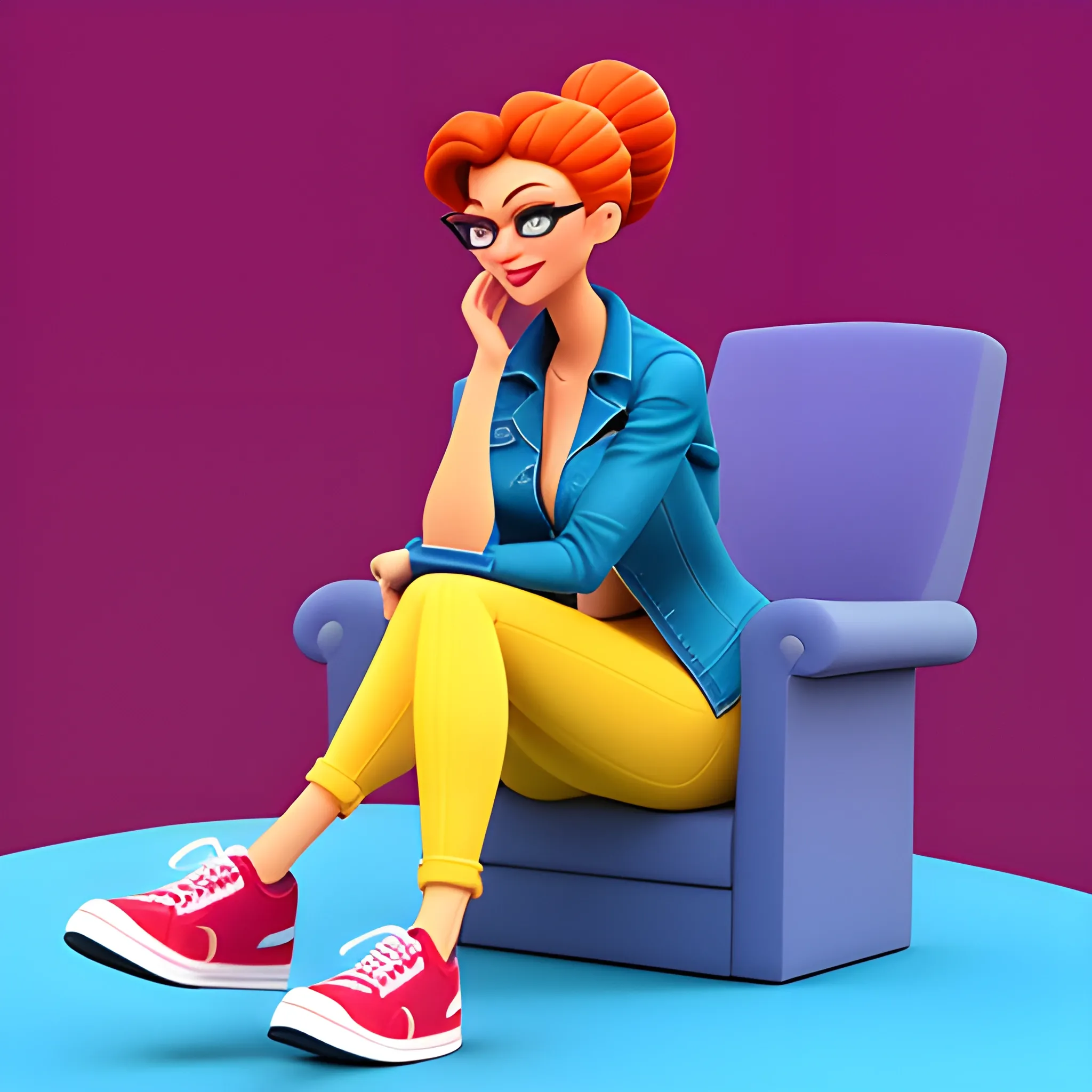 create a 3D illustration of an girl animated character sitting casually on top of a chair. The character must wear casual modern clothing such as jeans jacket and sneakers shoes. The background of the image is a social media profile page with a user name "Jasmine" and a profile picture that match.