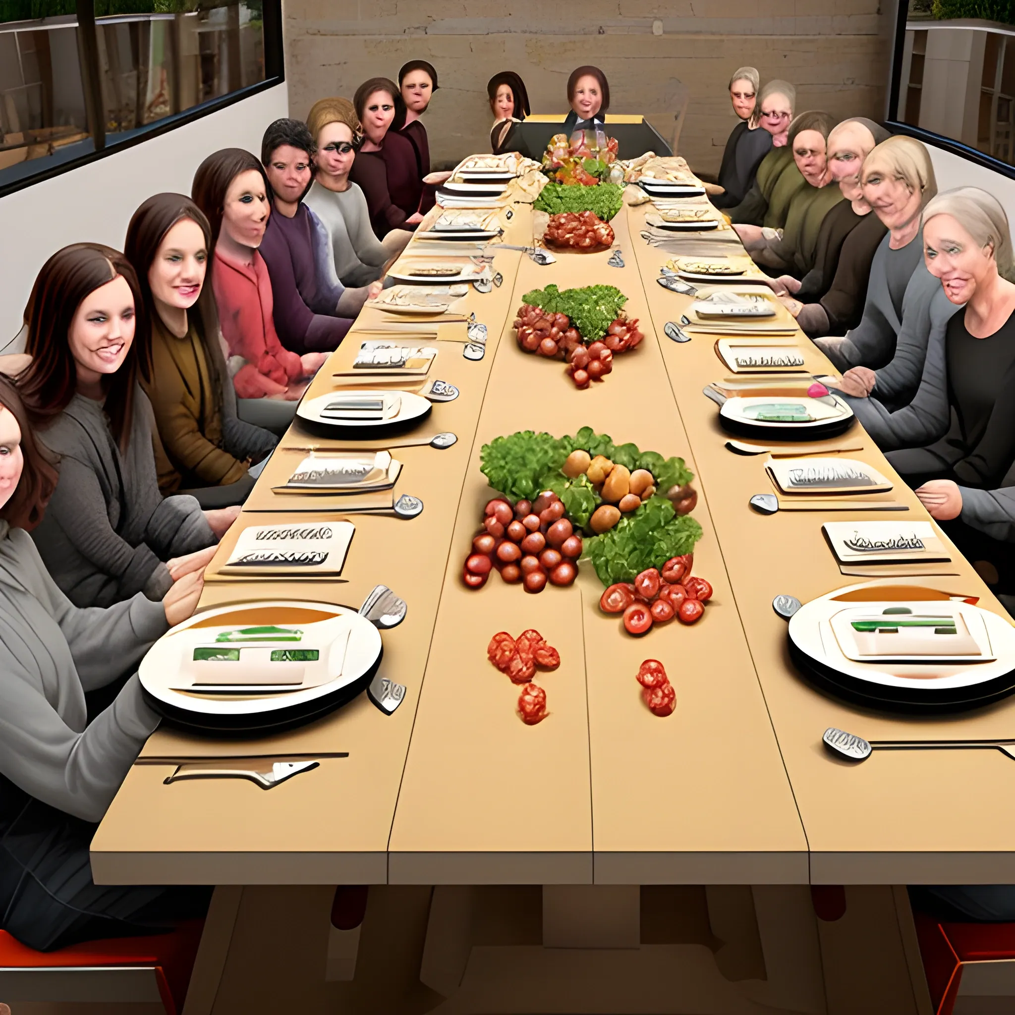 Two 6-person rectangular dining tables are spliced into a 14-person table, flat illustration
