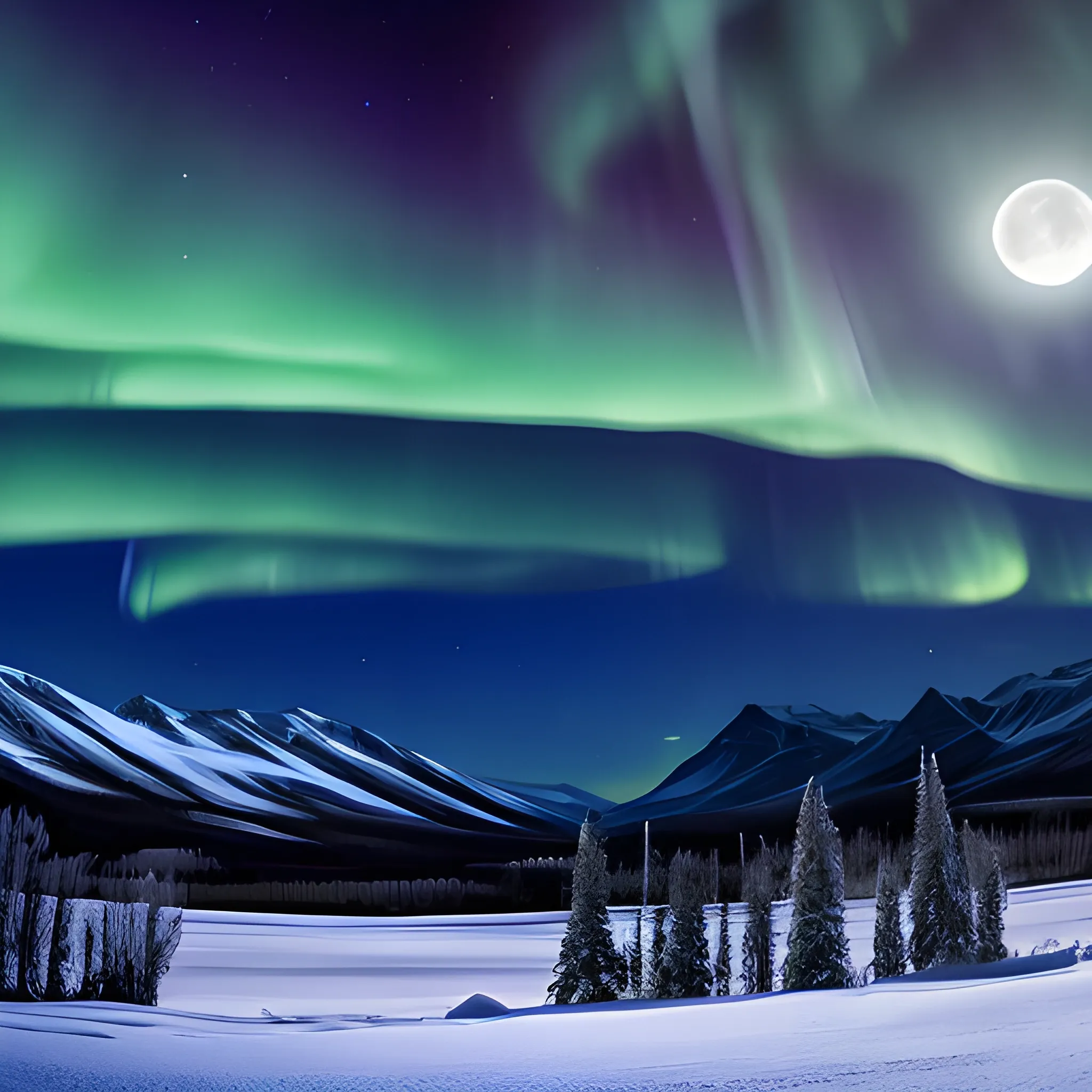 Ethereal aurora borealis over a snowy mountain range, with a full moon shining in the background, mystical, peaceful, serene, winter landscape, high detail