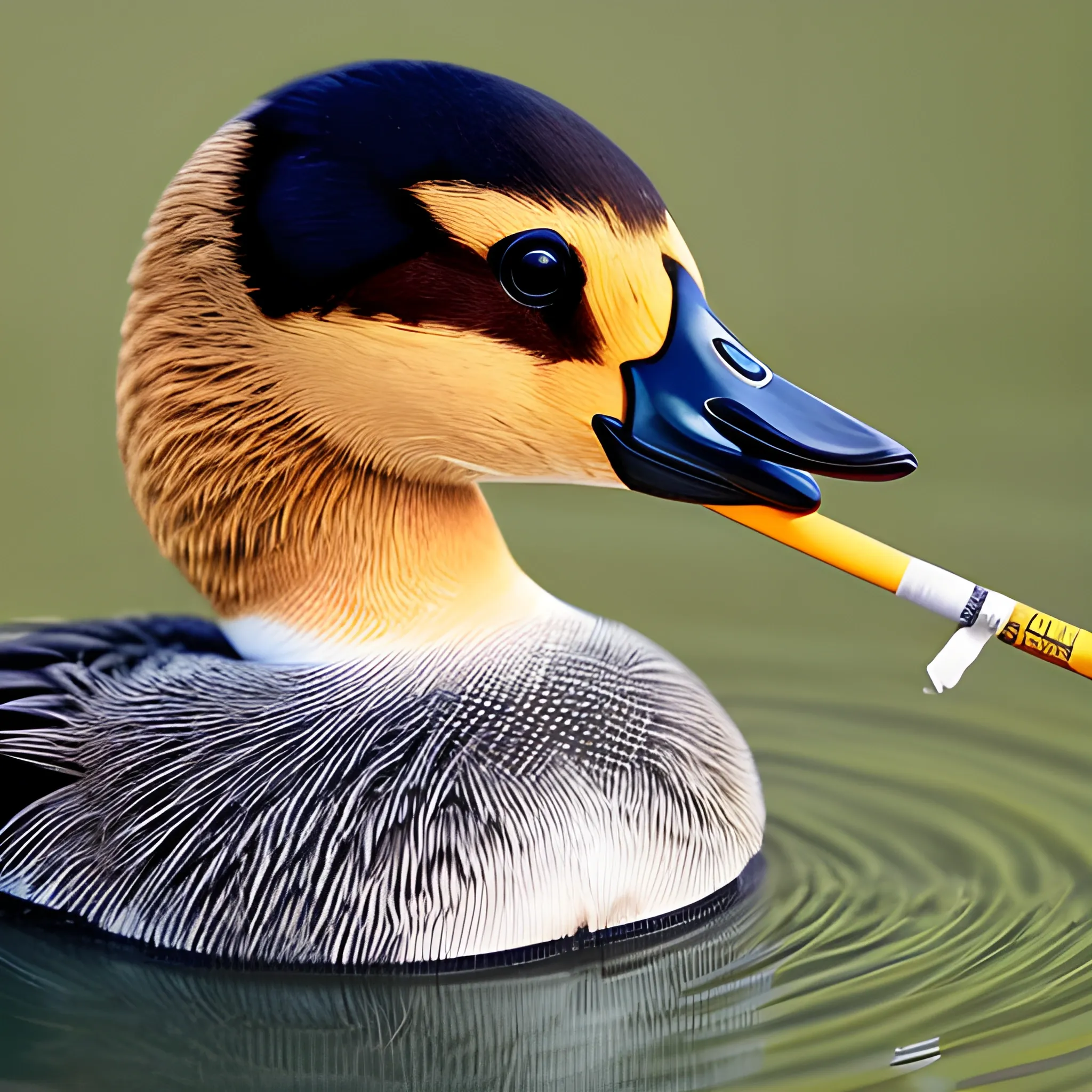 Erstelle ein Bild von einer Ente mit einer Zigarette im Mund