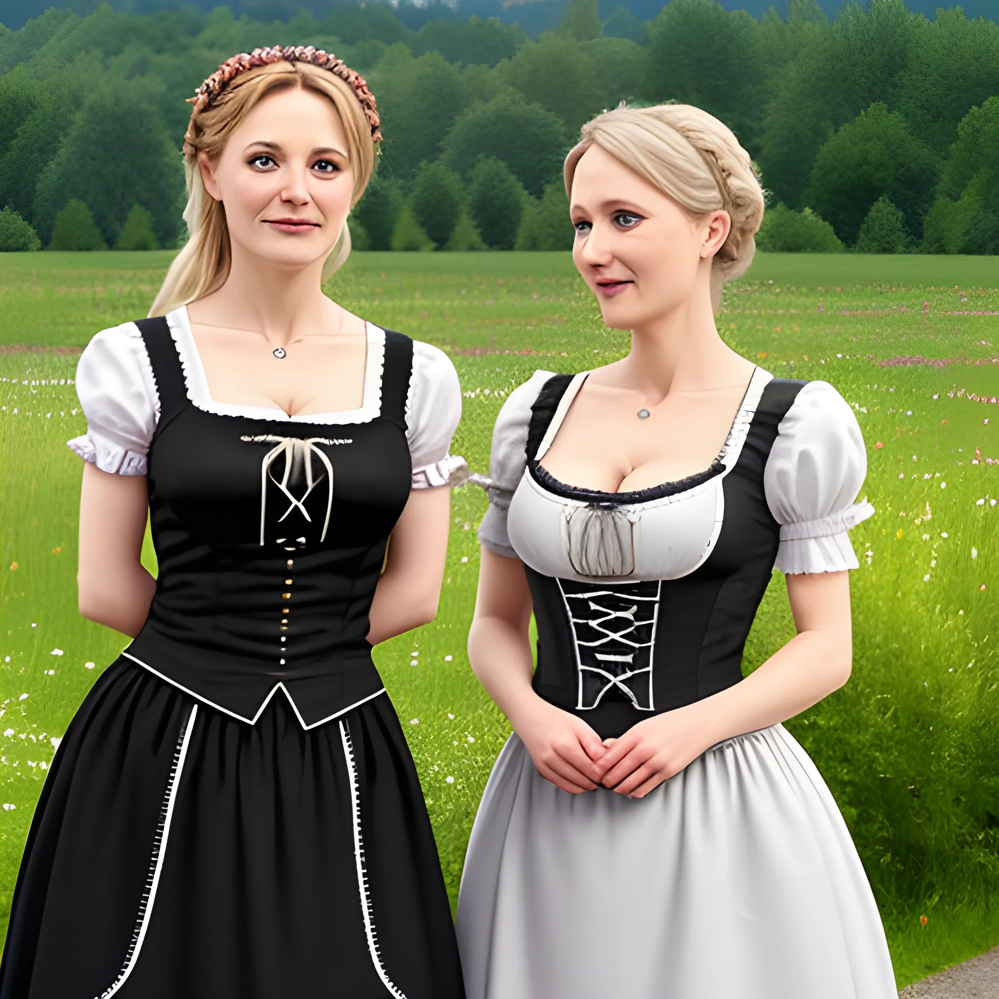 Eine Frau mit Körbchengröße Doppel D und rotem Haar und einem Dirndl schenkt mir in einen Mund von einem fetten Mann