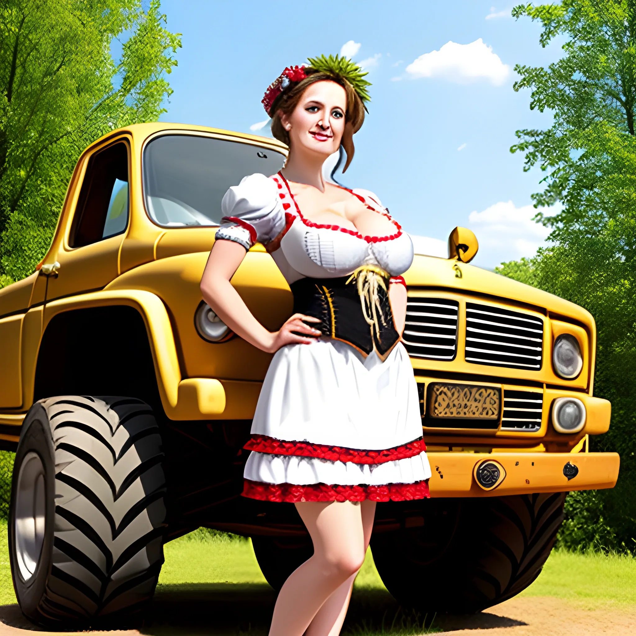 Create a Woman in a Dirndl and very hugh Boobs standing on a Monstertruck